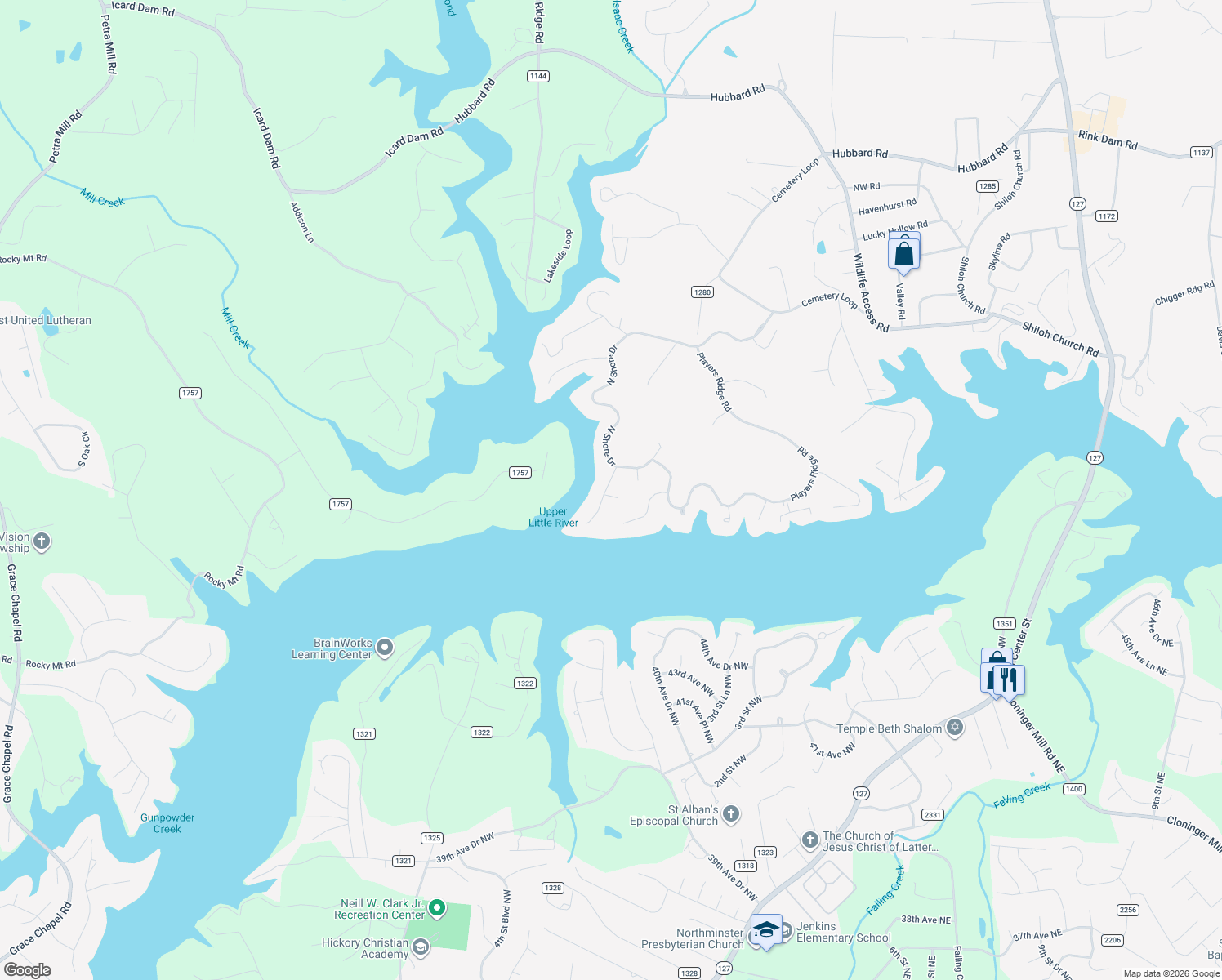 map of restaurants, bars, coffee shops, grocery stores, and more near 25 Shipwatch Drive in Hickory