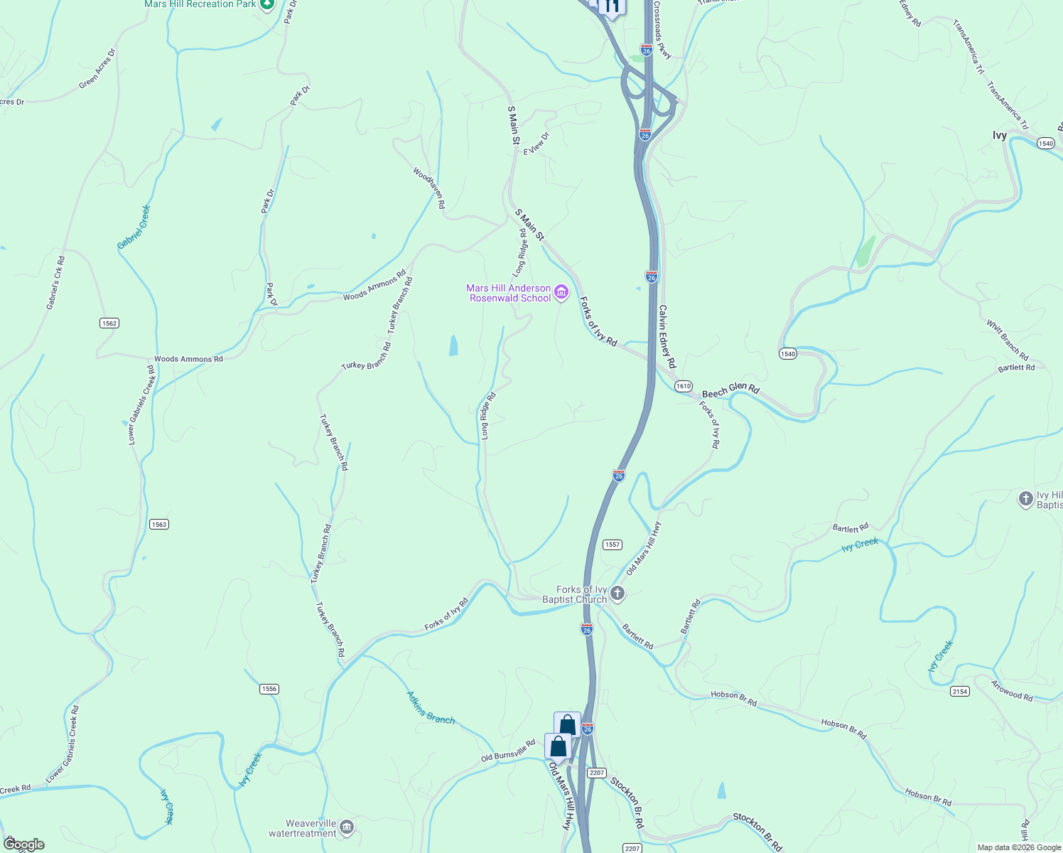 map of restaurants, bars, coffee shops, grocery stores, and more near 165 Flint Morgan Road in Mars Hill