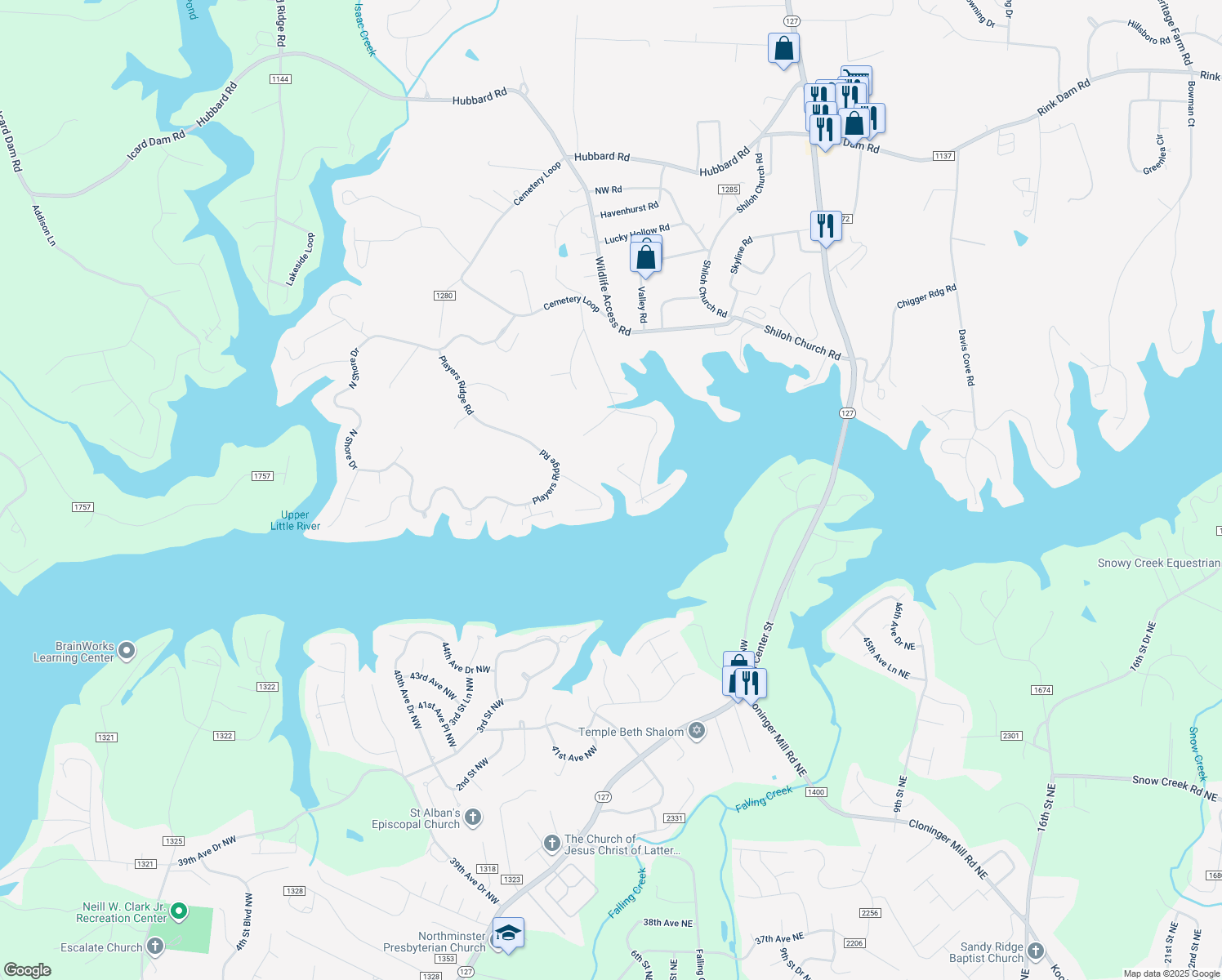 map of restaurants, bars, coffee shops, grocery stores, and more near 739 Victoria Lane in Hickory