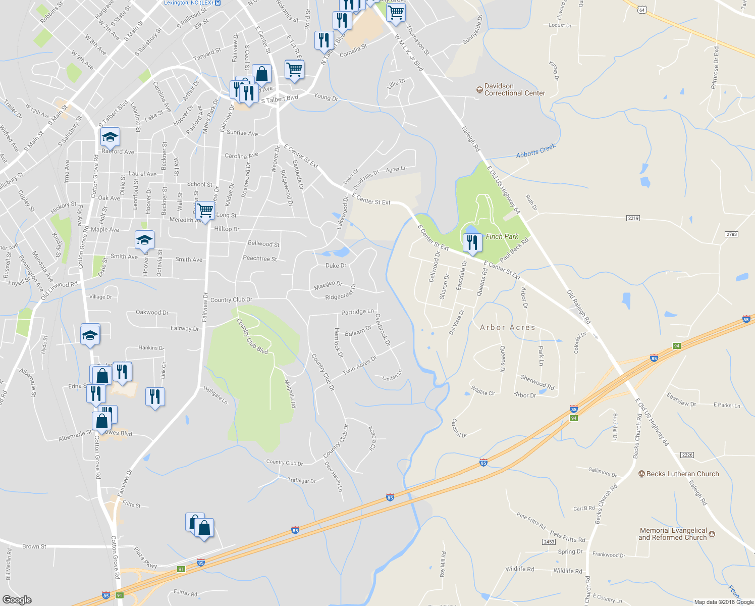 map of restaurants, bars, coffee shops, grocery stores, and more near Overbrook Drive in Lexington