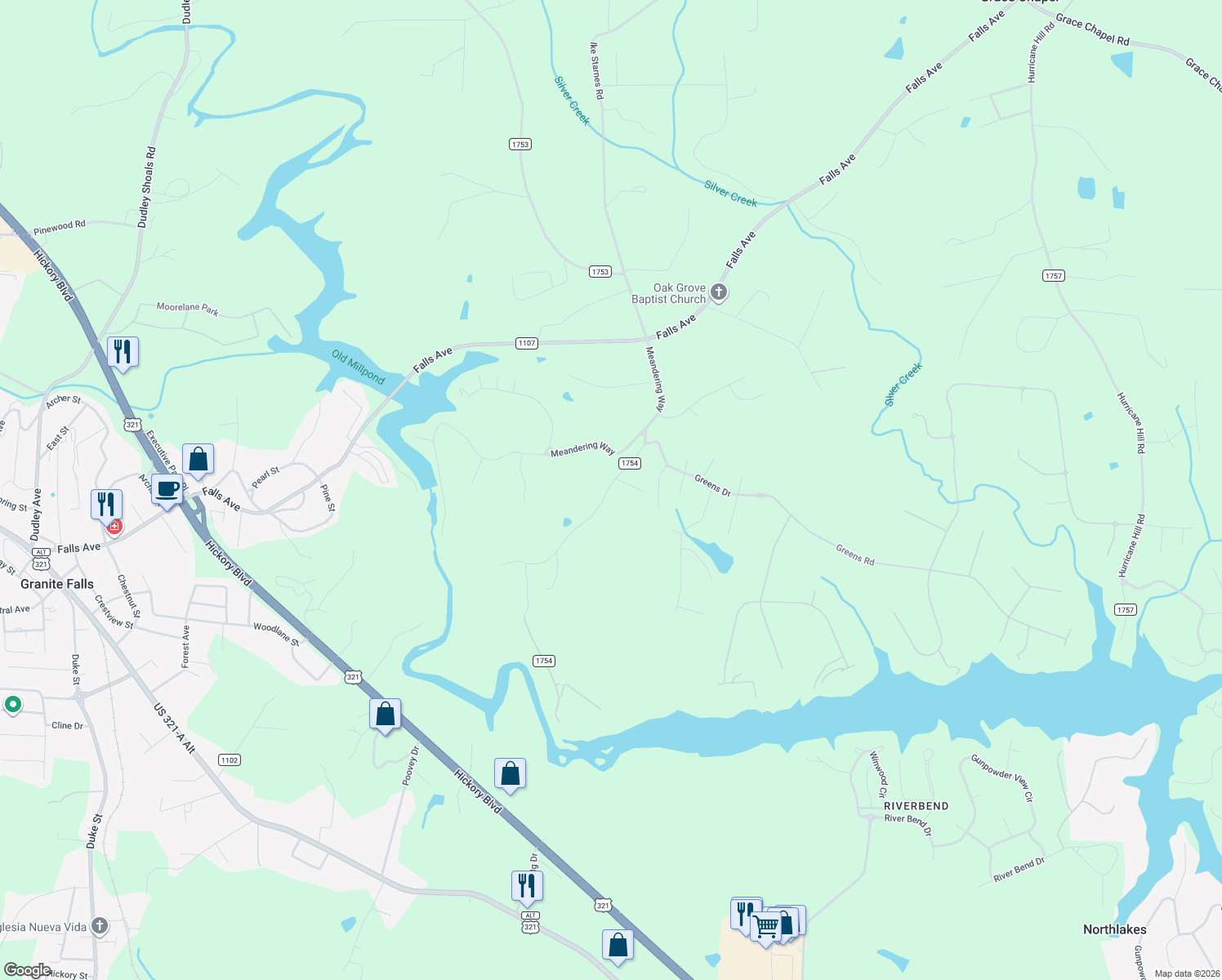 map of restaurants, bars, coffee shops, grocery stores, and more near 5116 Myers Road in Granite Falls