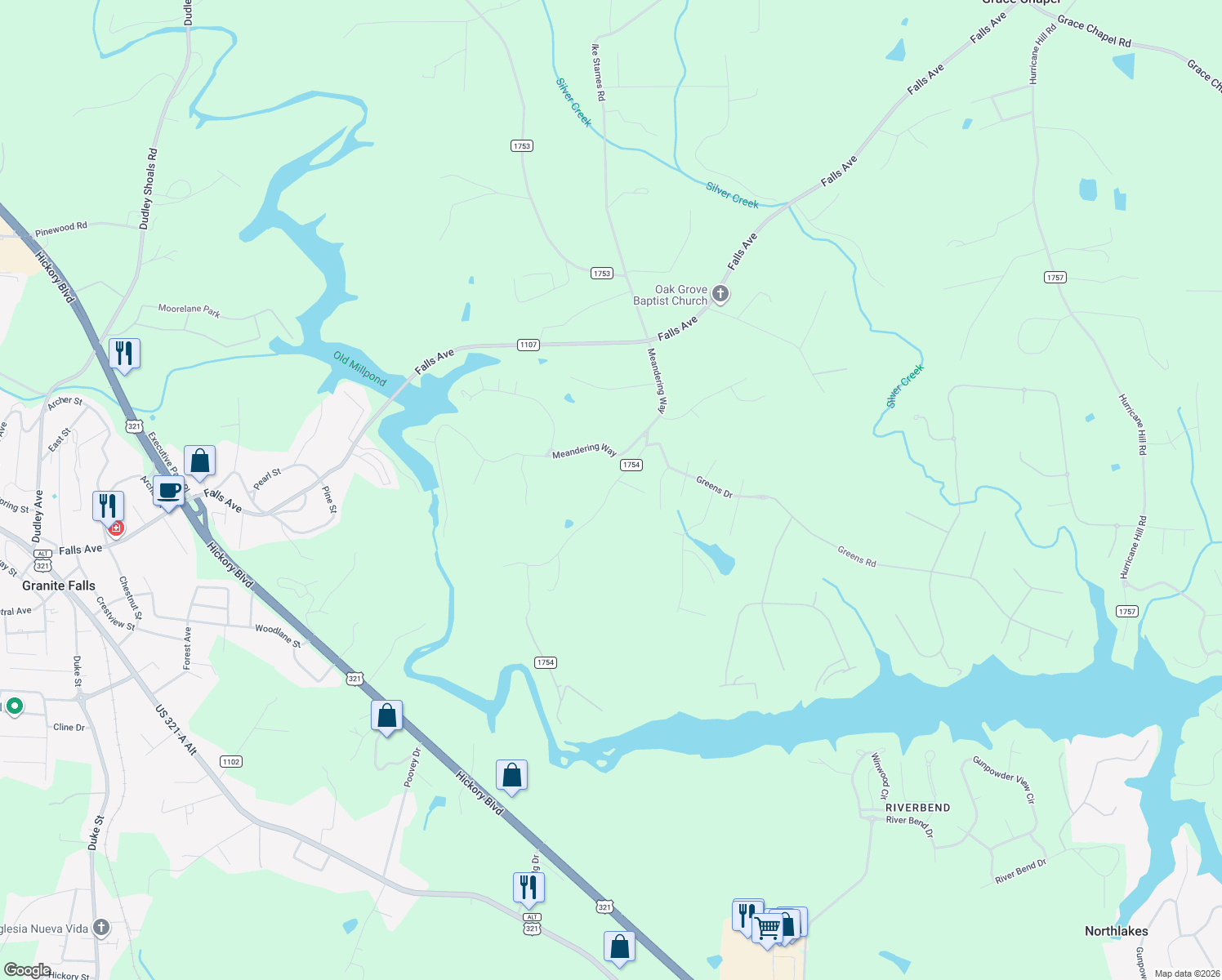 map of restaurants, bars, coffee shops, grocery stores, and more near 5116 Myers Road in Granite Falls