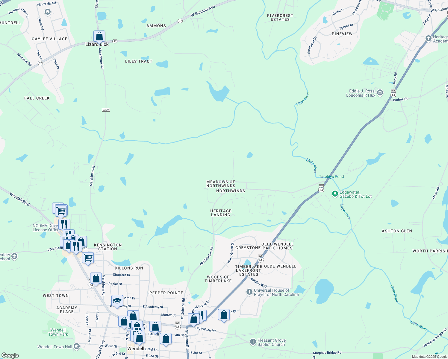 map of restaurants, bars, coffee shops, grocery stores, and more near 87 Northwinds North Drive in Wendell