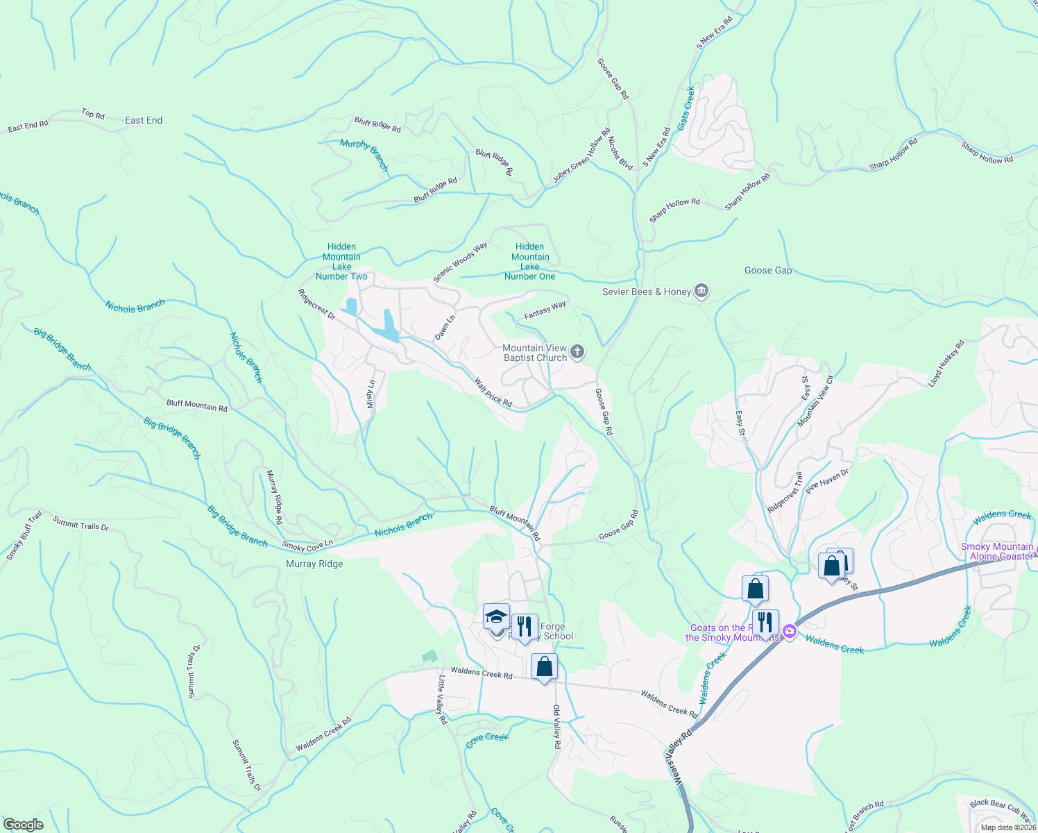 map of restaurants, bars, coffee shops, grocery stores, and more near 1514 Ridgecrest Drive in Pigeon Forge