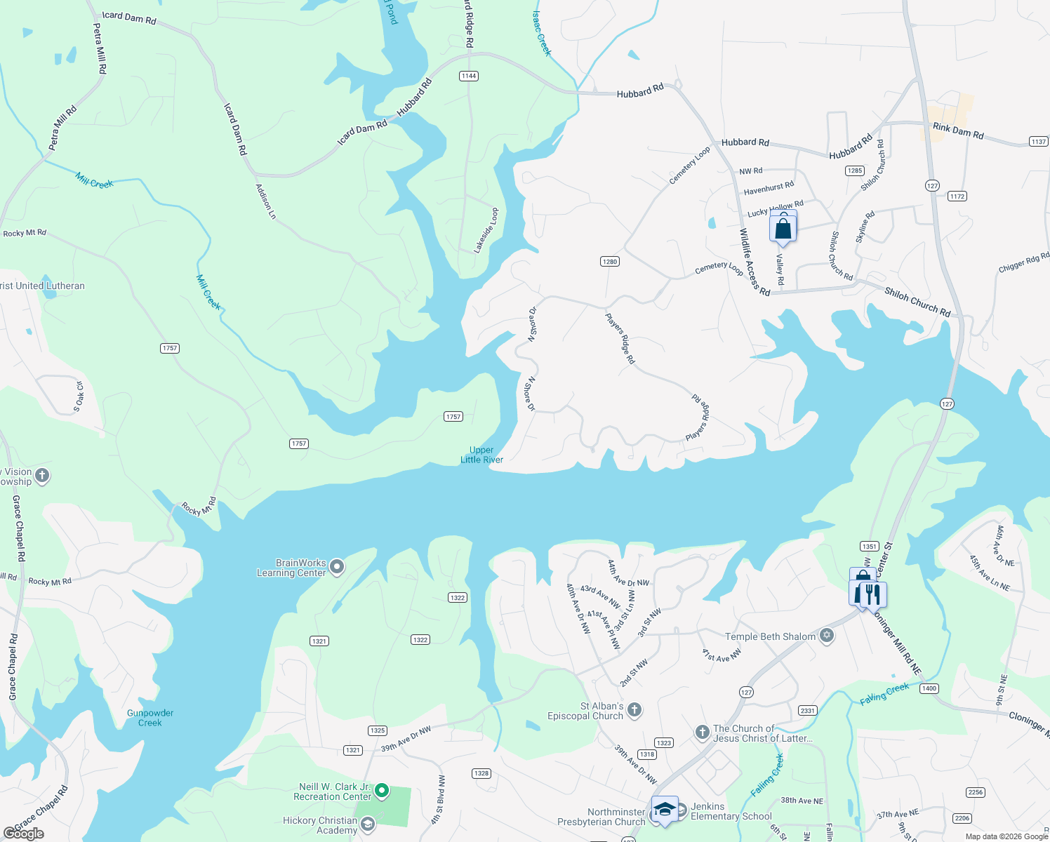 map of restaurants, bars, coffee shops, grocery stores, and more near 25 Shipwatch Drive in Hickory