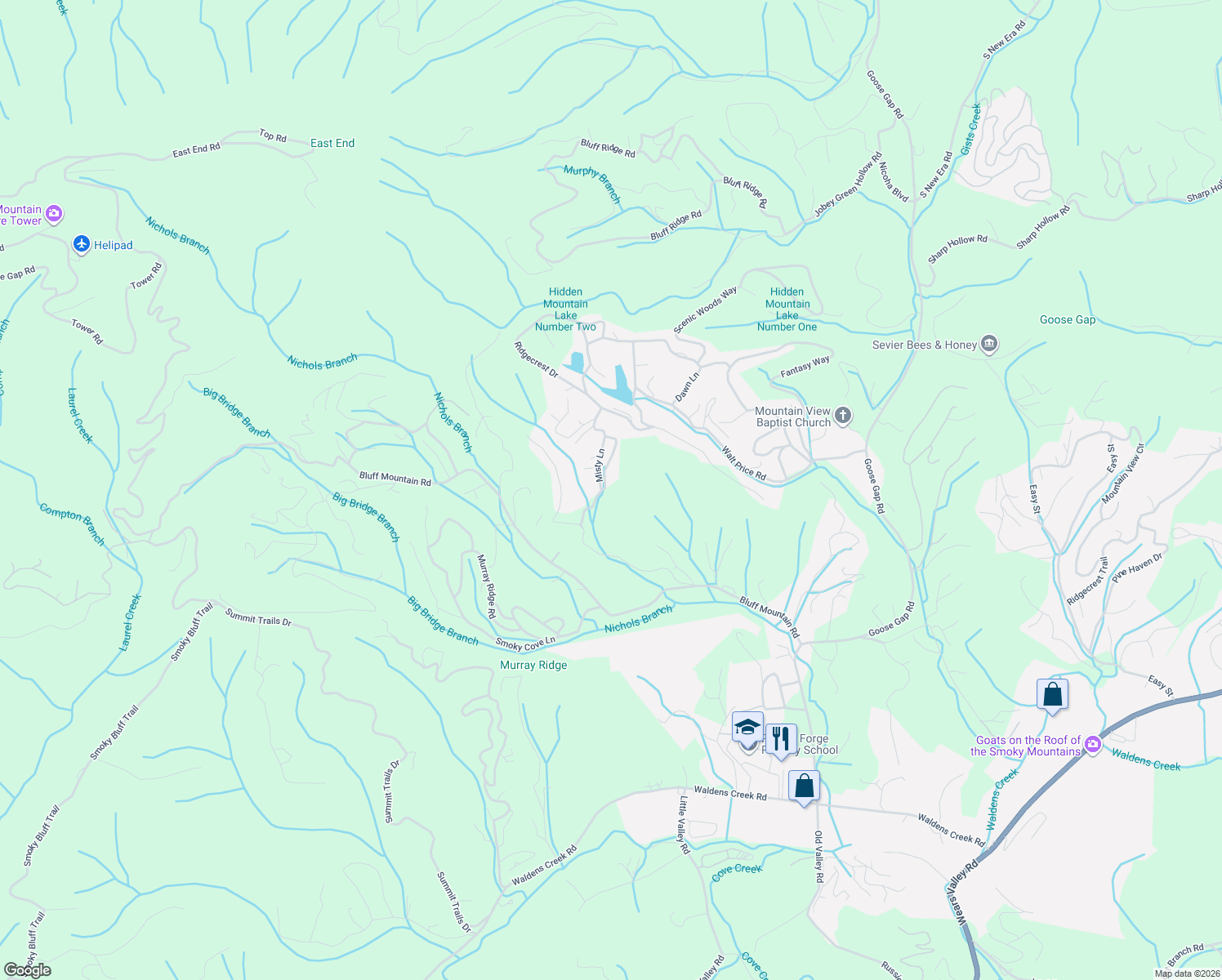 map of restaurants, bars, coffee shops, grocery stores, and more near 2361 Misty Lane in Pigeon Forge