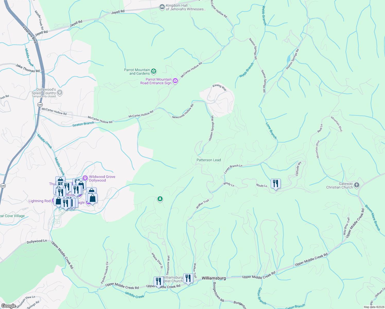 map of restaurants, bars, coffee shops, grocery stores, and more near 1985 Starr Ridge Drive in Sevierville