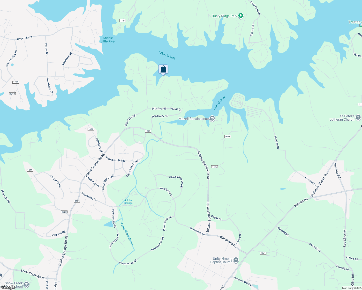 map of restaurants, bars, coffee shops, grocery stores, and more near 6091 Emory Lane in Hickory