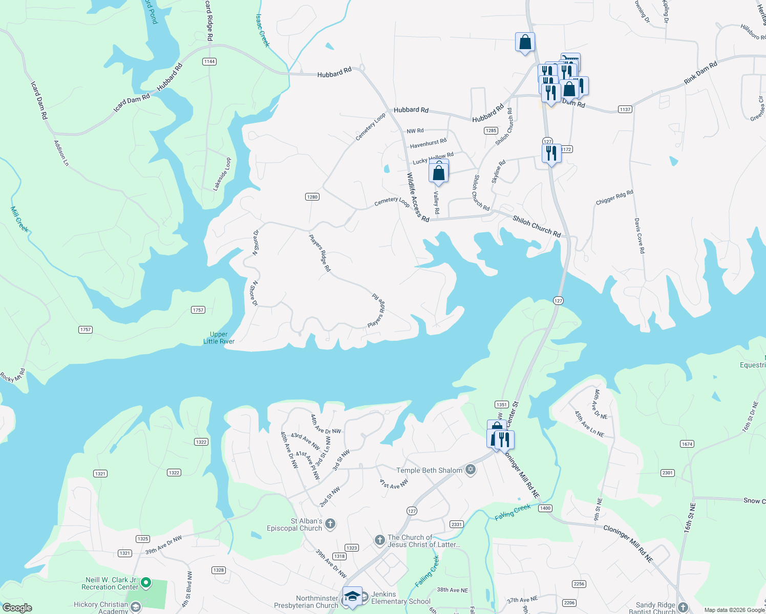 map of restaurants, bars, coffee shops, grocery stores, and more near 678 Players Ridge Road in Hickory