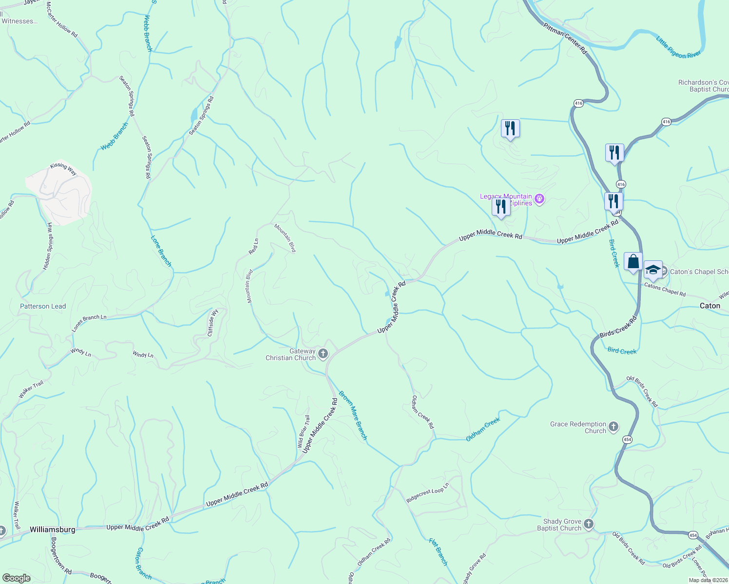 map of restaurants, bars, coffee shops, grocery stores, and more near 2251 Upper Middle Creek Road in Sevierville