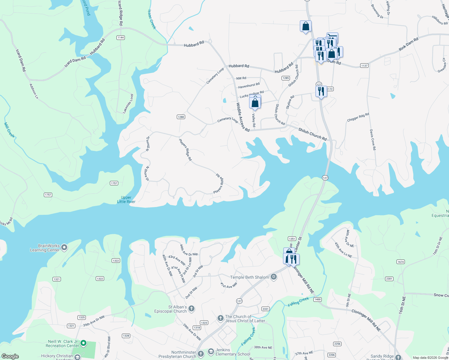 map of restaurants, bars, coffee shops, grocery stores, and more near 678 Players Ridge Road in Hickory
