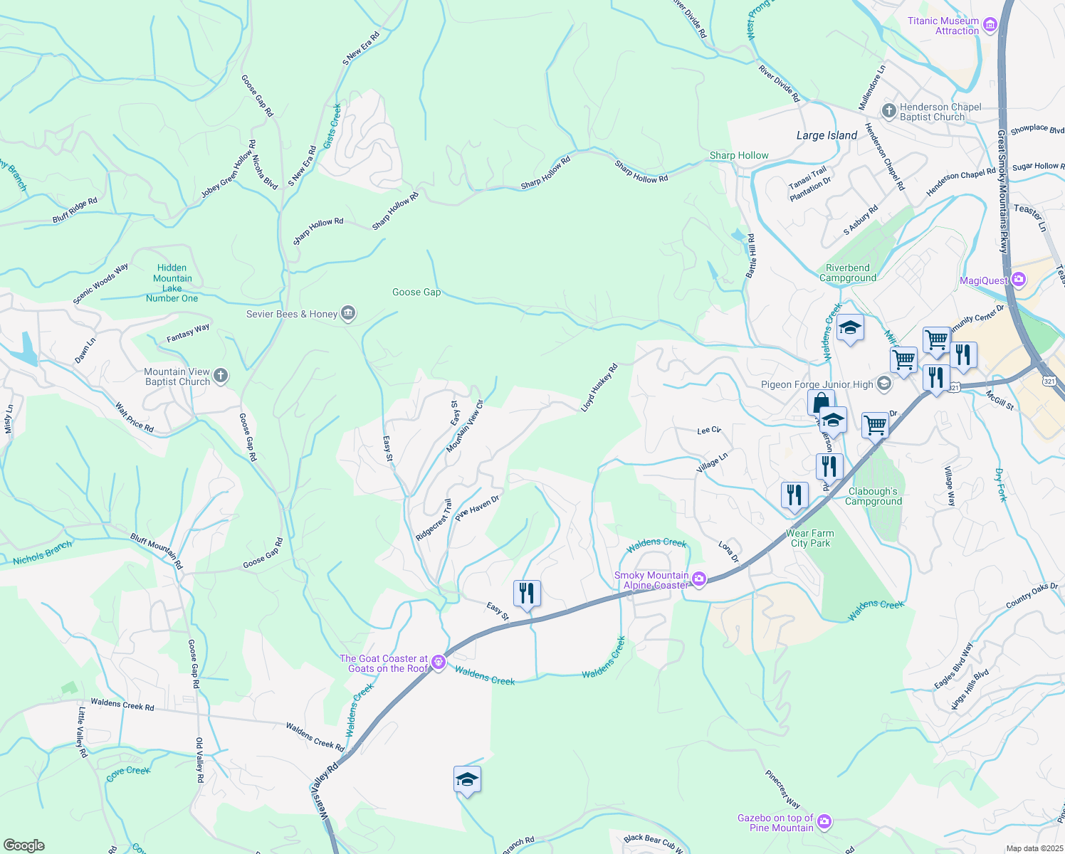 map of restaurants, bars, coffee shops, grocery stores, and more near 2849 Pine Haven Drive in Pigeon Forge
