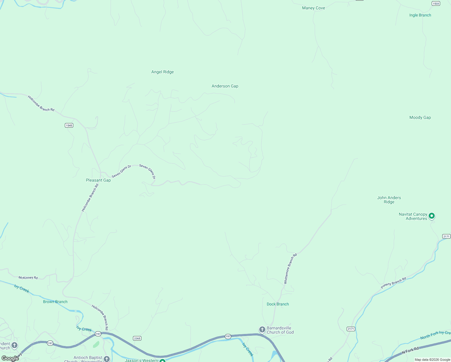 map of restaurants, bars, coffee shops, grocery stores, and more near 1559 Seven Glens Drive in Weaverville
