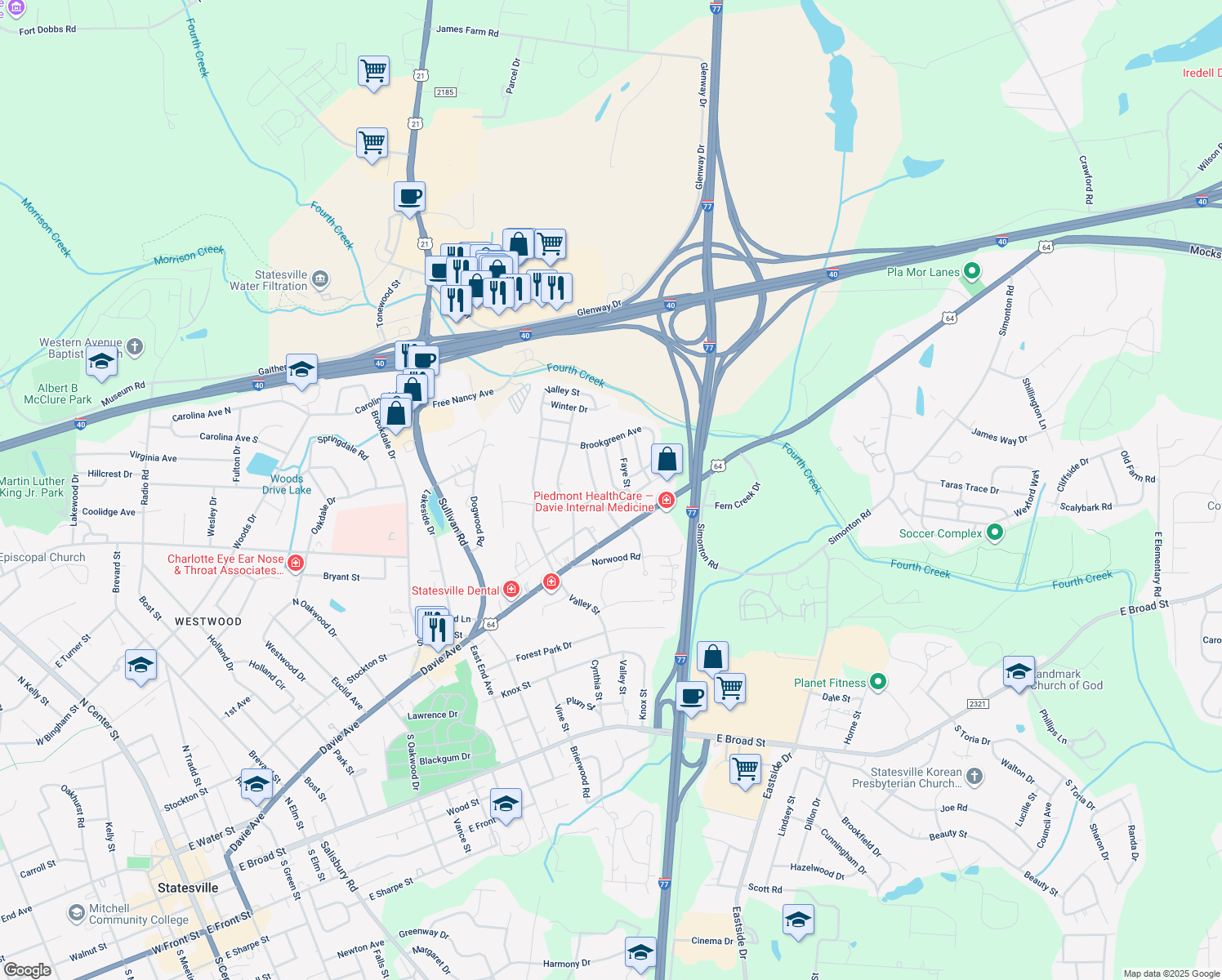 map of restaurants, bars, coffee shops, grocery stores, and more near 913 Ashland Ave in Statesville