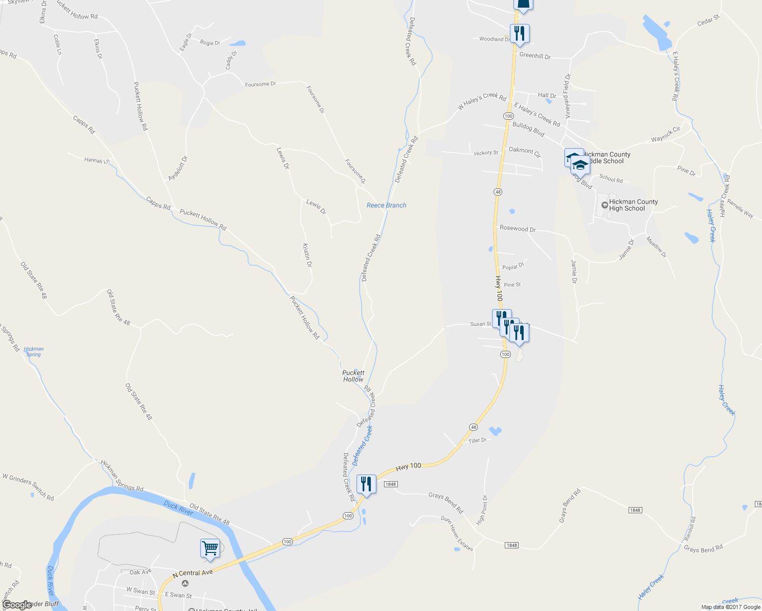 map of restaurants, bars, coffee shops, grocery stores, and more near 480 Defeated Creek Road in Centerville