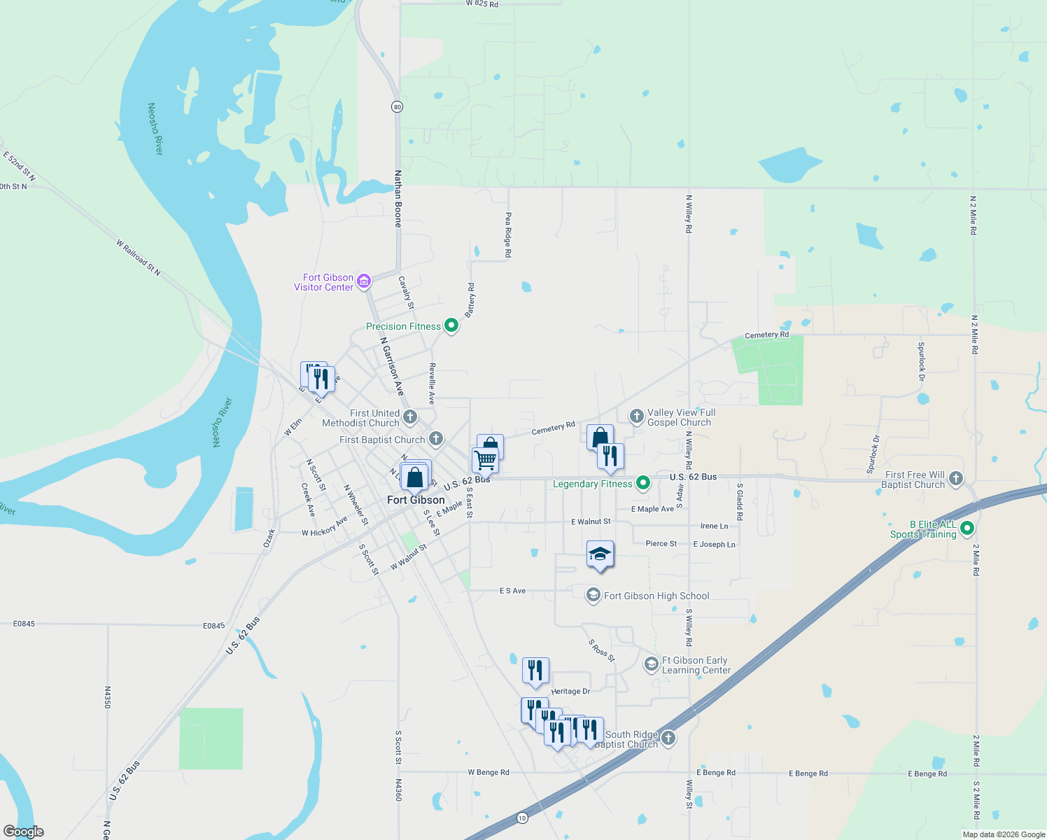 map of restaurants, bars, coffee shops, grocery stores, and more near 404 Cemetery Rd in Fort Gibson