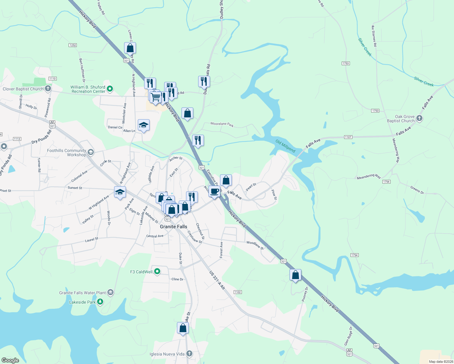 map of restaurants, bars, coffee shops, grocery stores, and more near 11 Cedar Street in Granite Falls