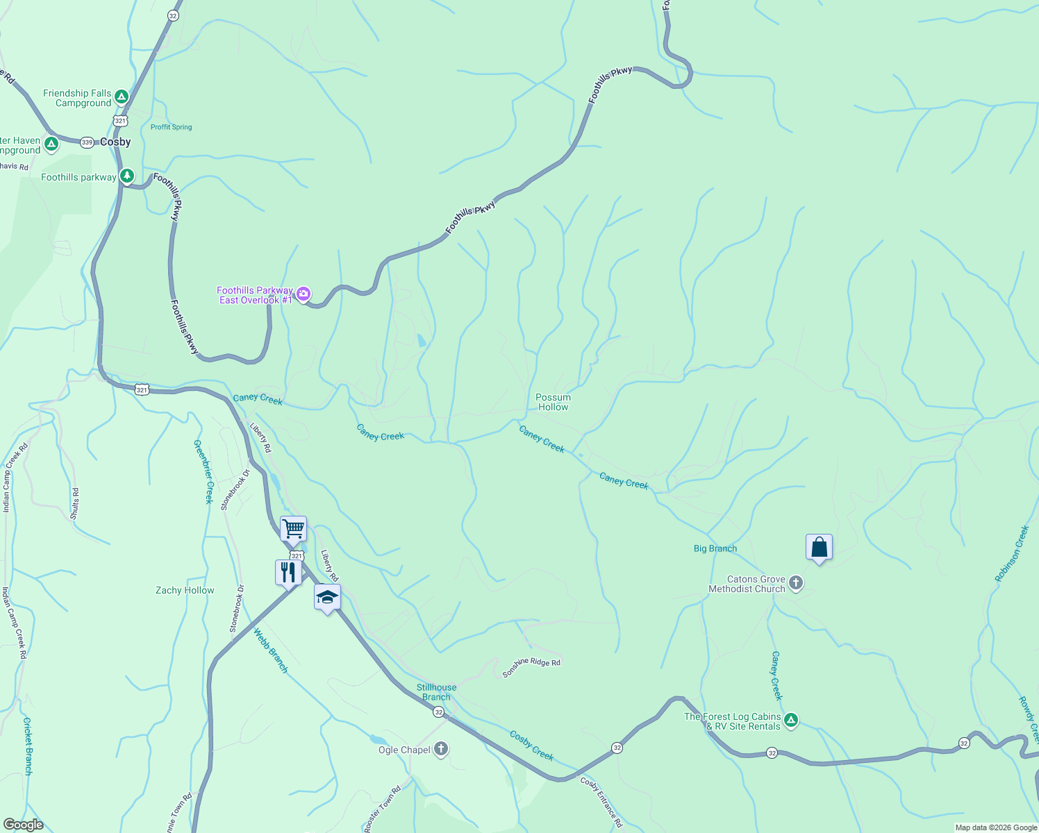 map of restaurants, bars, coffee shops, grocery stores, and more near 353 Caney Creek Road in Cosby