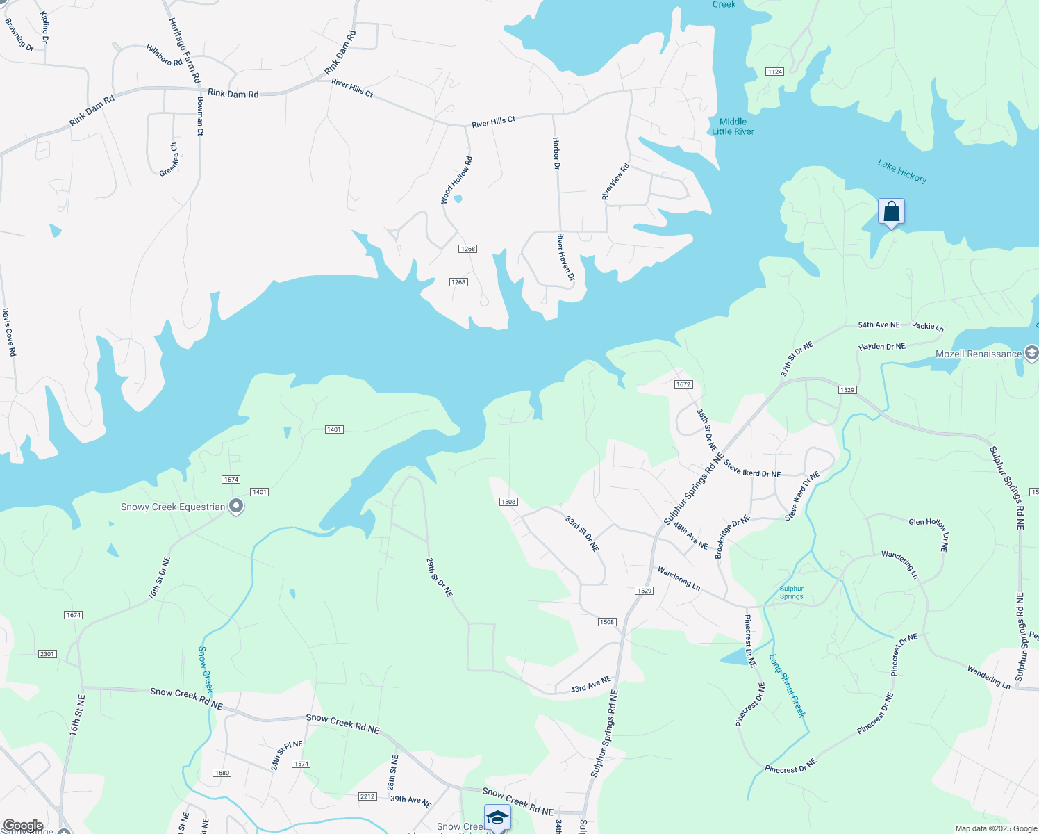 map of restaurants, bars, coffee shops, grocery stores, and more near 3016 44th Avenue Drive Northeast in Hickory
