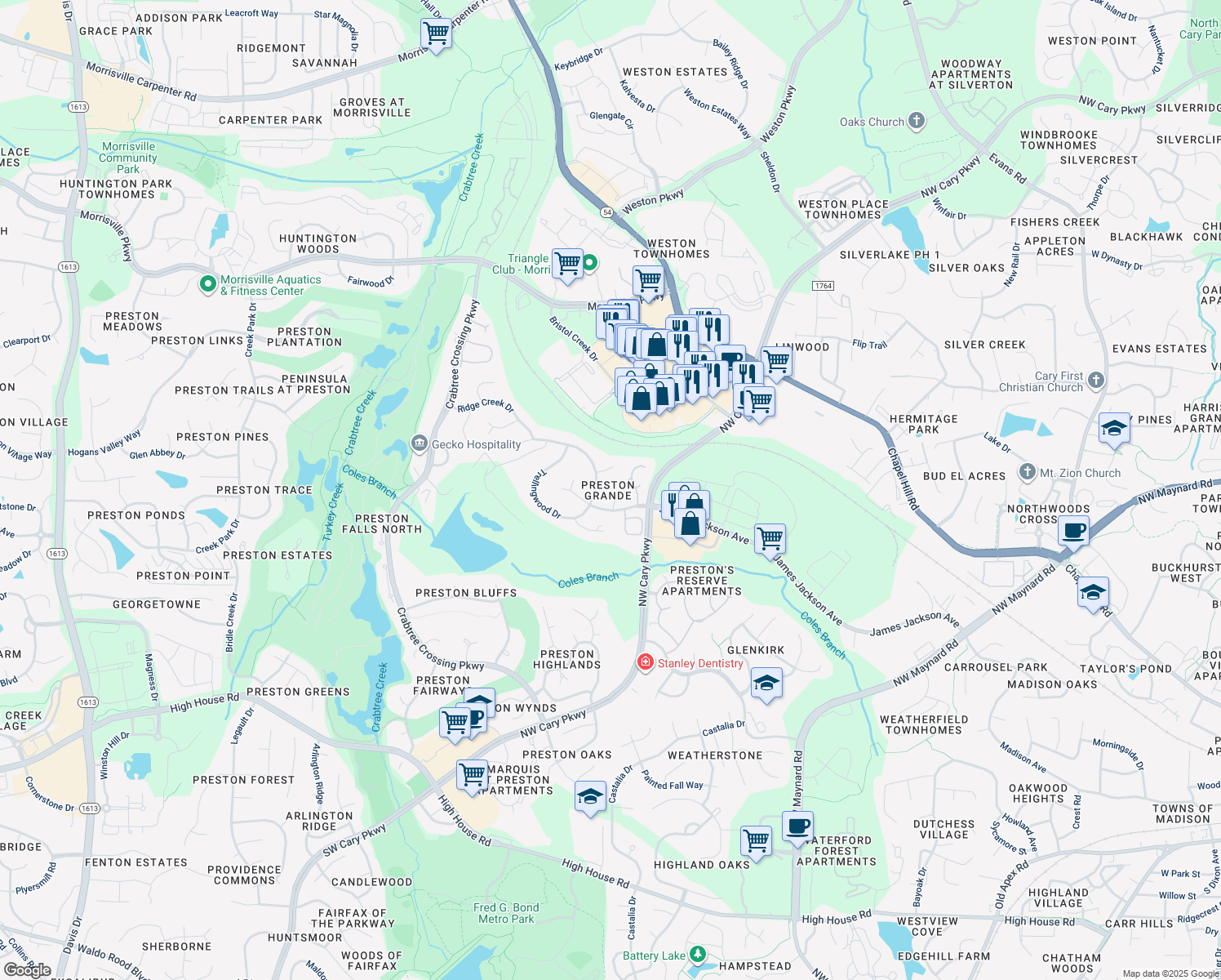 map of restaurants, bars, coffee shops, grocery stores, and more near 105 Pember Place in Morrisville
