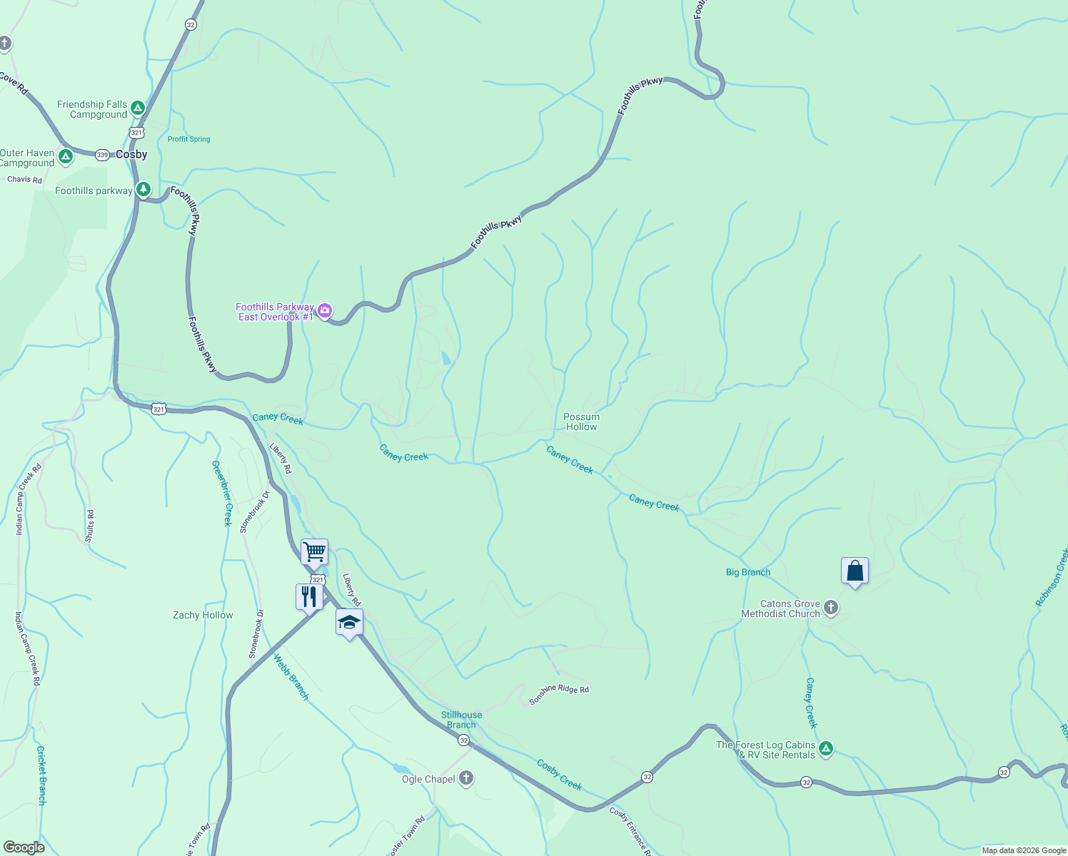 map of restaurants, bars, coffee shops, grocery stores, and more near 353 Caney Creek Road in Cosby