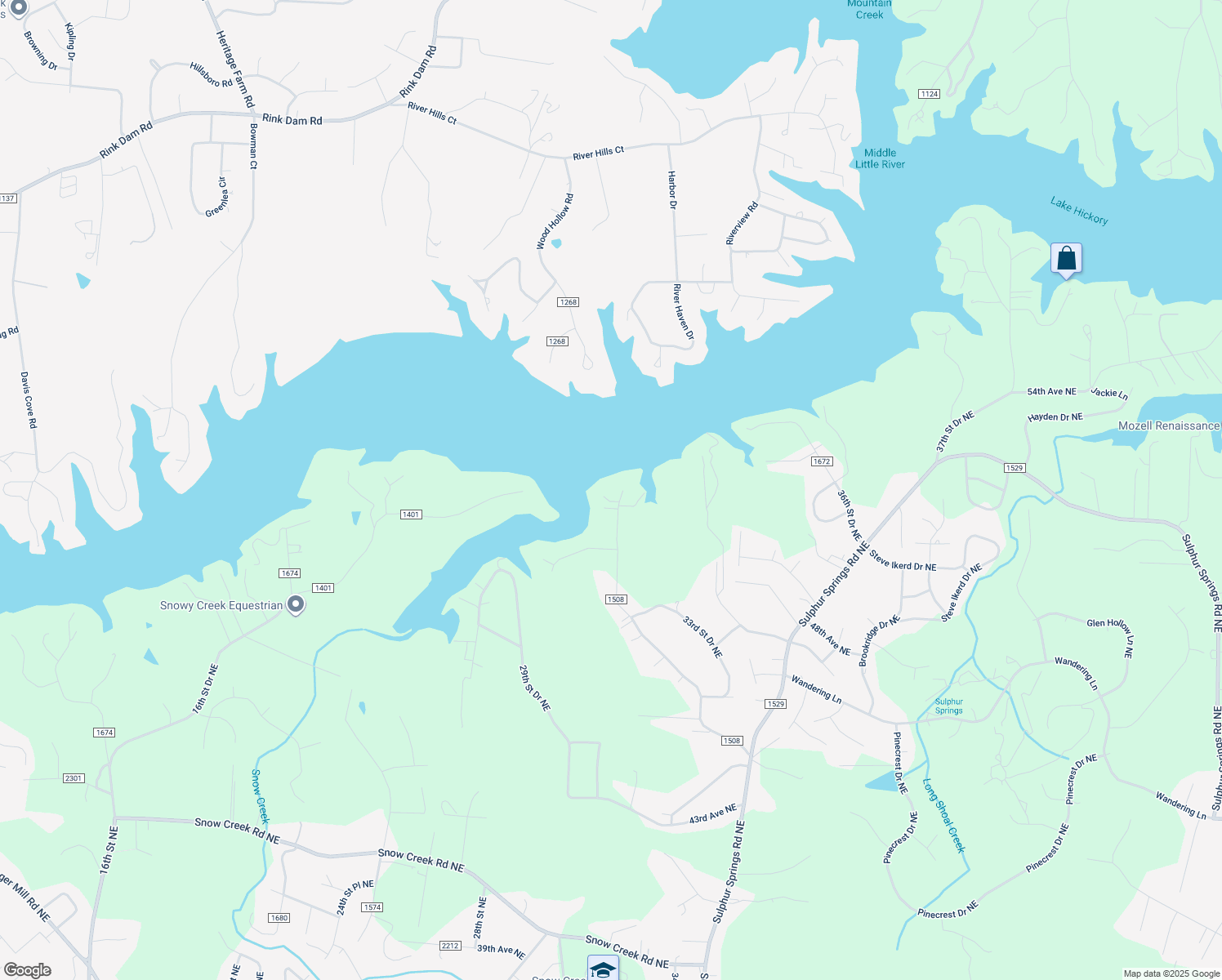 map of restaurants, bars, coffee shops, grocery stores, and more near 3016 44th Avenue Drive Northeast in Hickory