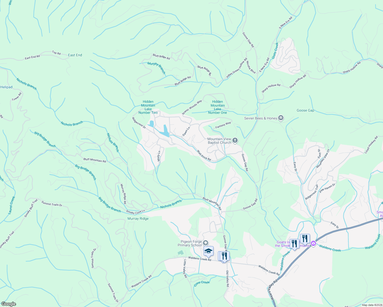 map of restaurants, bars, coffee shops, grocery stores, and more near 1607 Ridgecrest Drive in Sevierville
