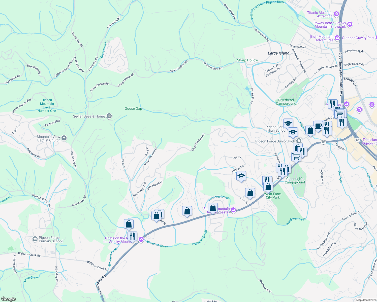 map of restaurants, bars, coffee shops, grocery stores, and more near 867 Lloyd Huskey Rd in Pigeon Forge