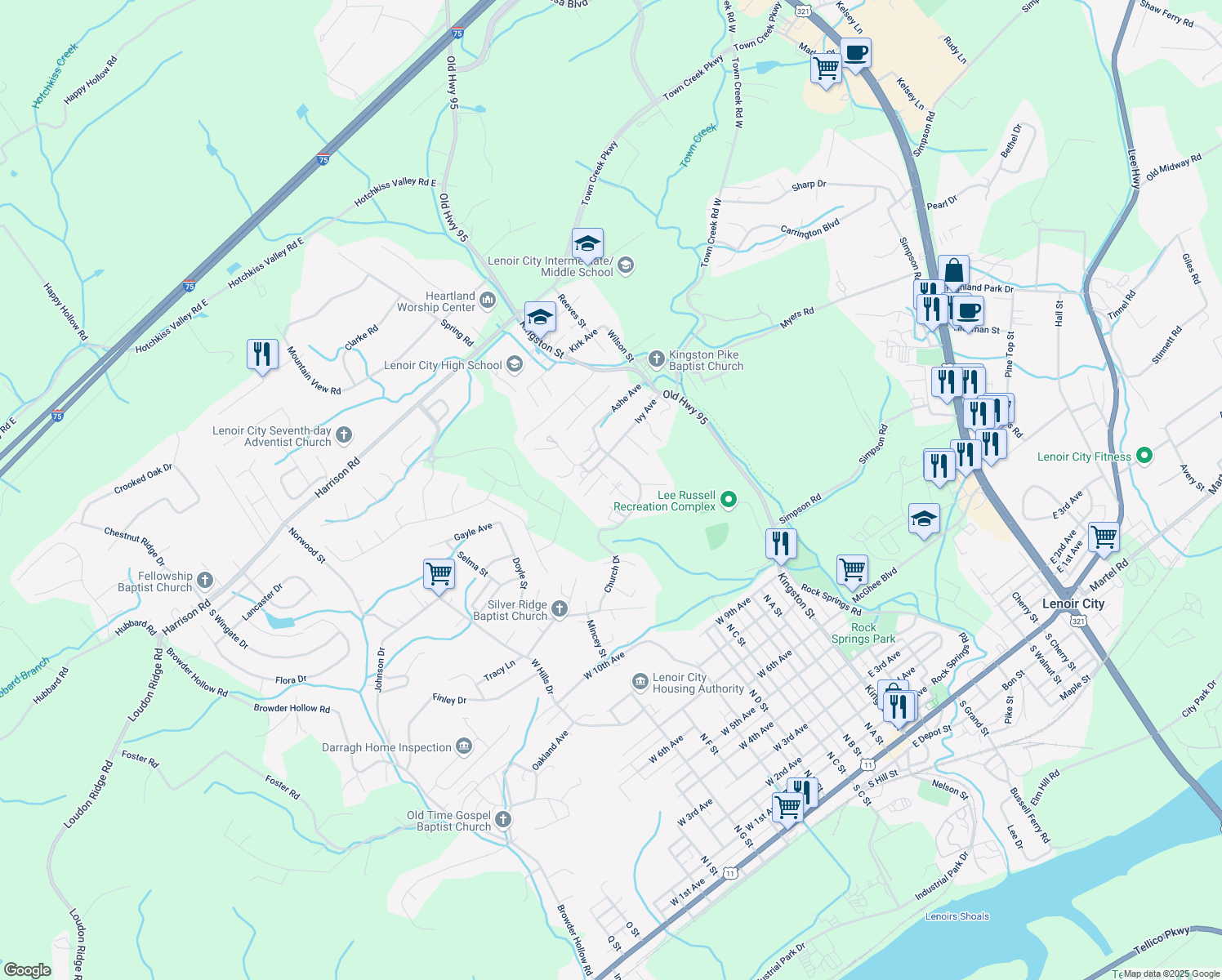 map of restaurants, bars, coffee shops, grocery stores, and more near 112 Sweeten Rd in Lenoir City