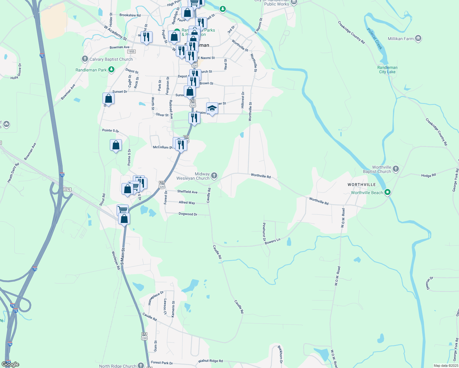 map of restaurants, bars, coffee shops, grocery stores, and more near 3367 Midway View Drive in Randleman