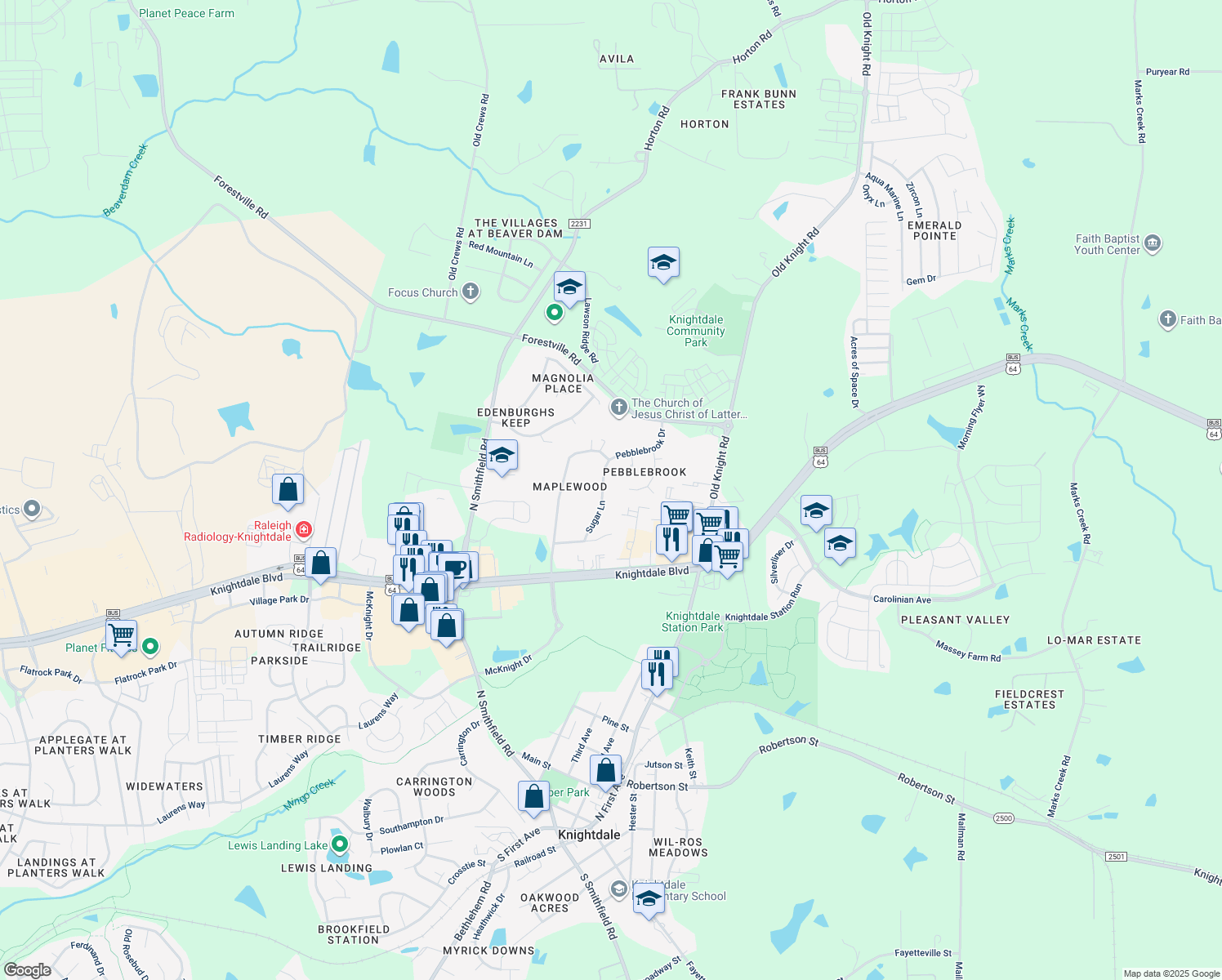 map of restaurants, bars, coffee shops, grocery stores, and more near 110 Sugar Lane in Knightdale