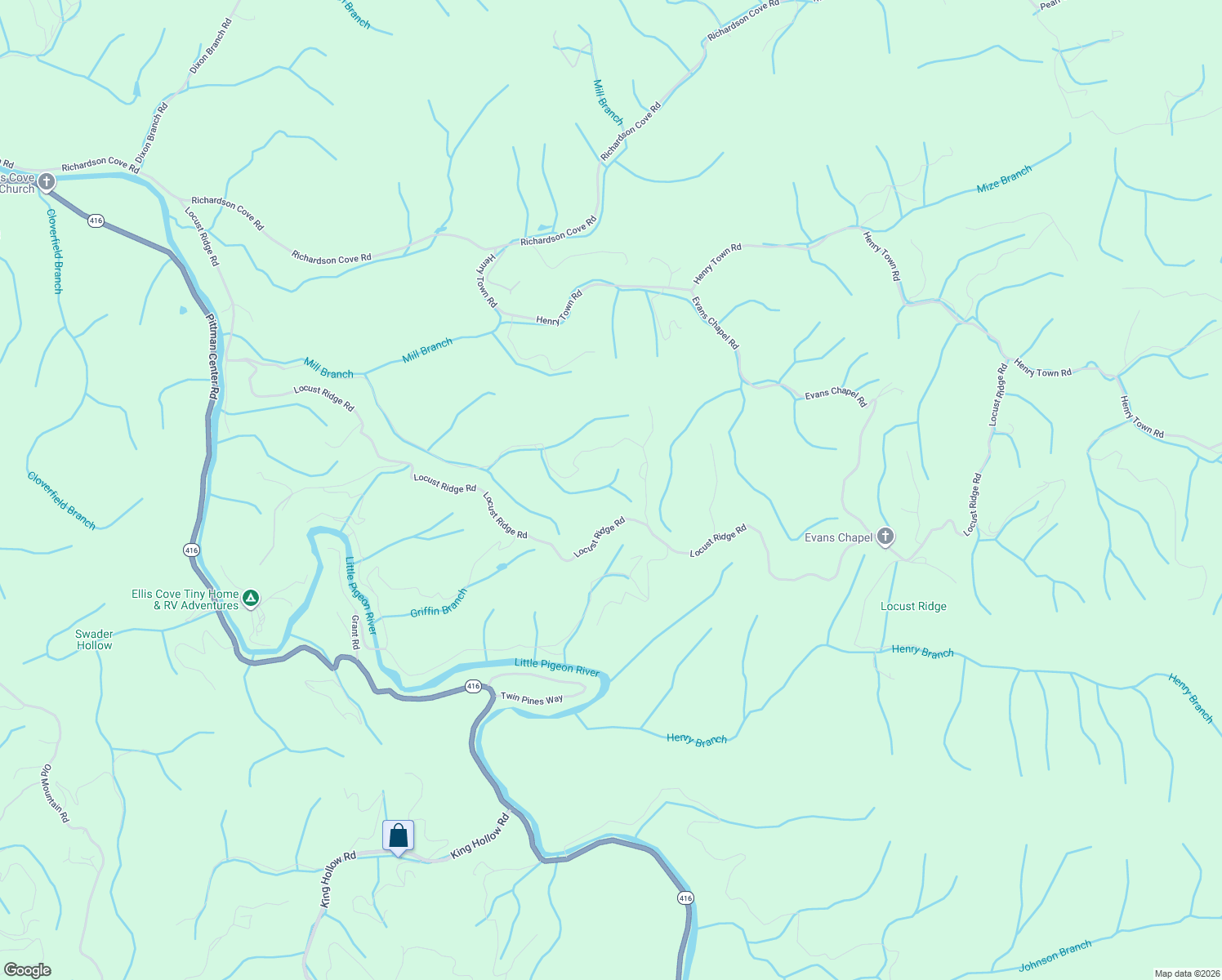 map of restaurants, bars, coffee shops, grocery stores, and more near 3733-3865 Locust Ridge Road in Sevierville