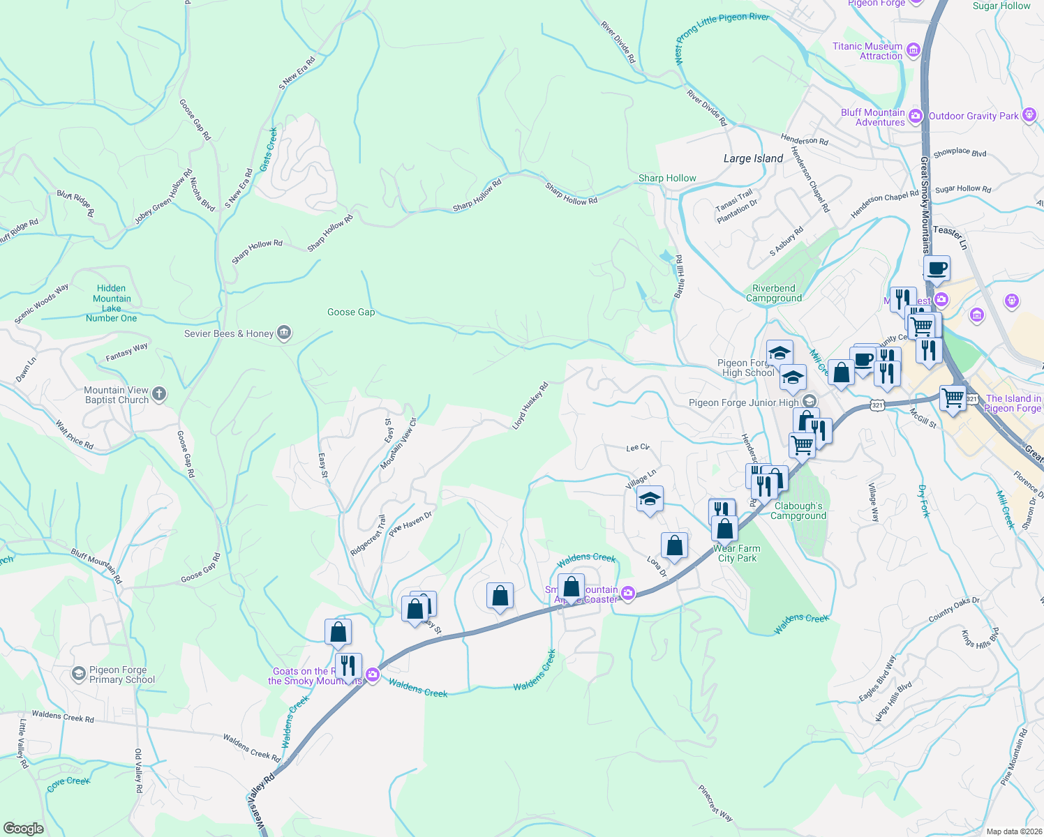 map of restaurants, bars, coffee shops, grocery stores, and more near 853 Lloyd Huskey Road in Pigeon Forge