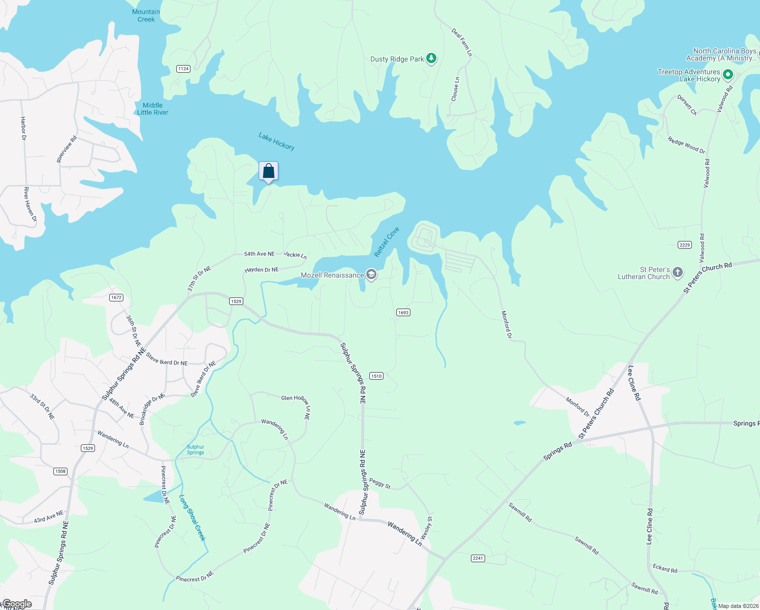 map of restaurants, bars, coffee shops, grocery stores, and more near 1251 Misty Lane in Hickory
