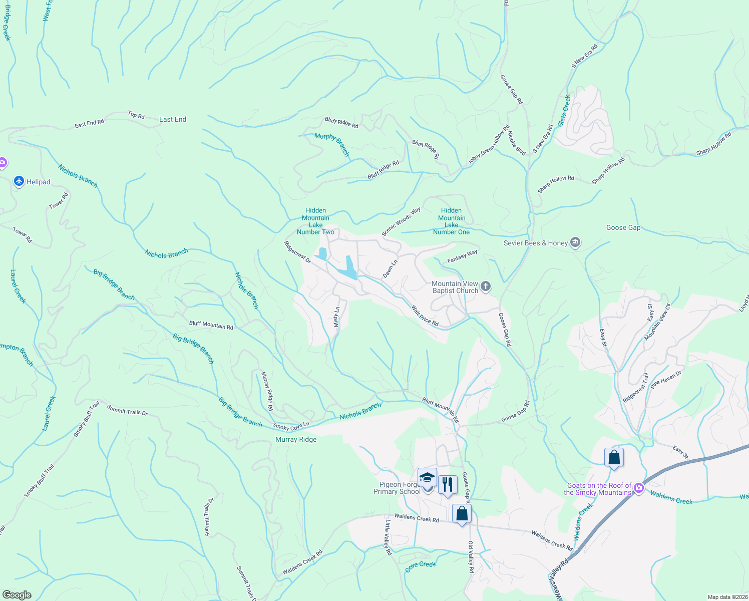 map of restaurants, bars, coffee shops, grocery stores, and more near 1650 Ridgecrest Drive in Sevierville