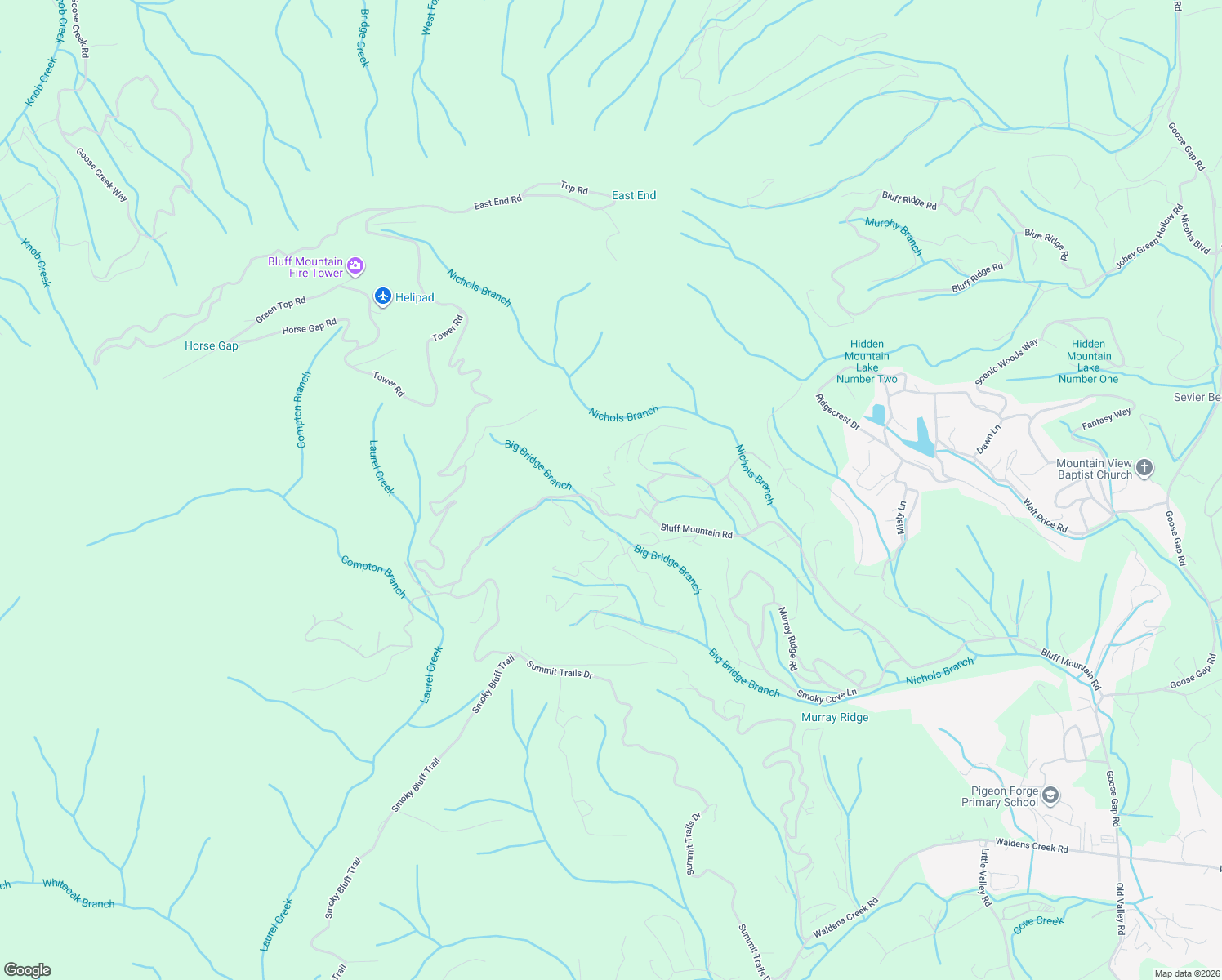 map of restaurants, bars, coffee shops, grocery stores, and more near 2092 Bluff Mountain Road in Sevierville