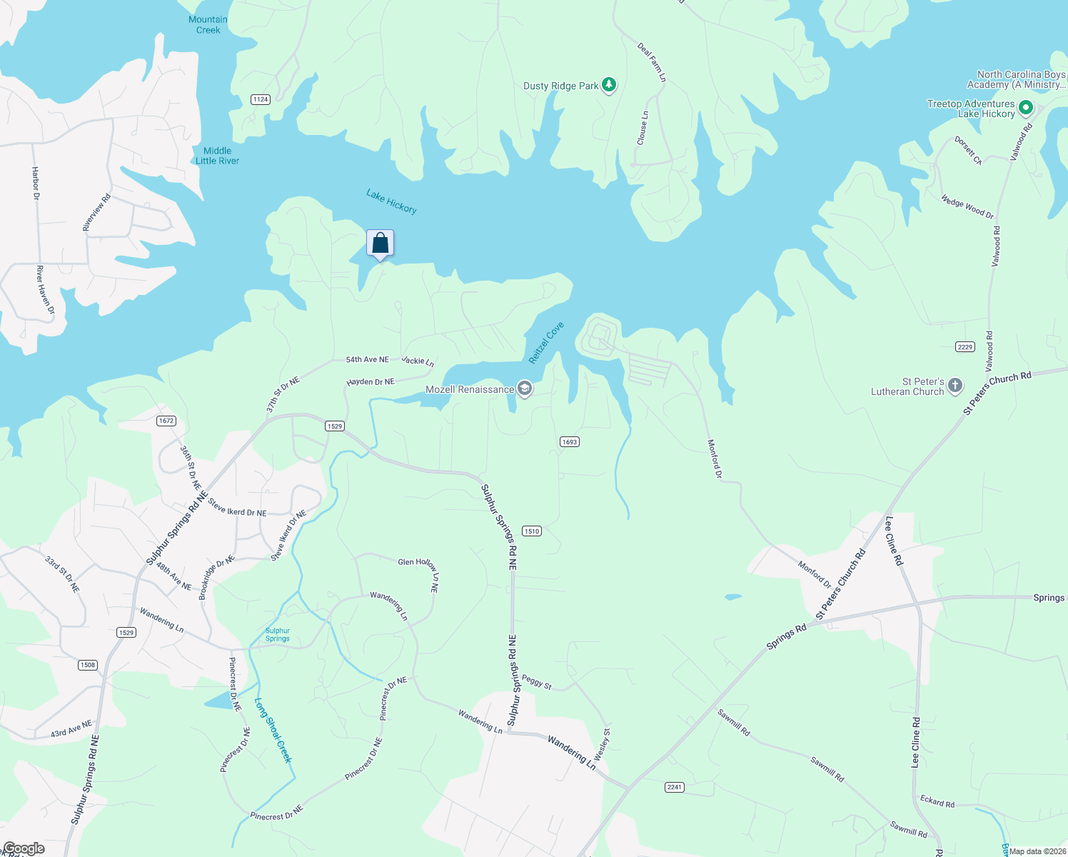 map of restaurants, bars, coffee shops, grocery stores, and more near 1265 Misty Lane in Hickory