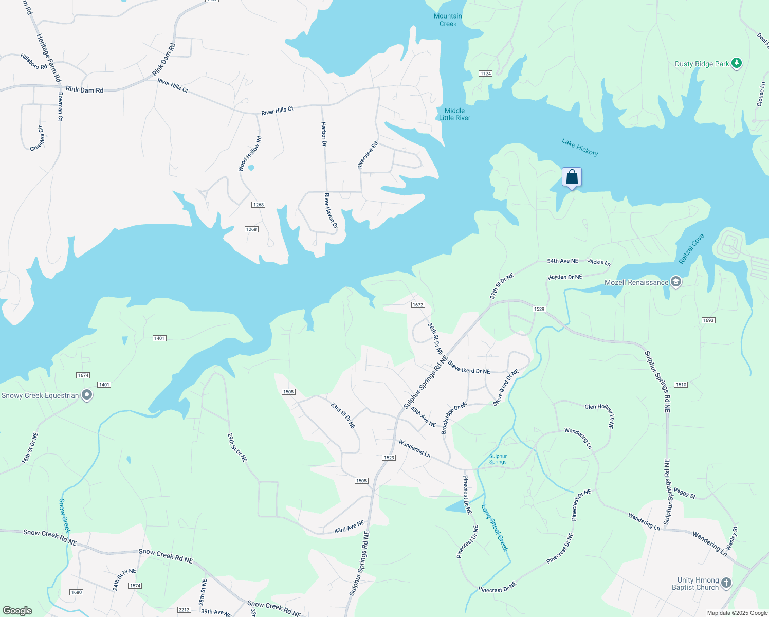 map of restaurants, bars, coffee shops, grocery stores, and more near 5147 36th Street Drive Northeast in Hickory