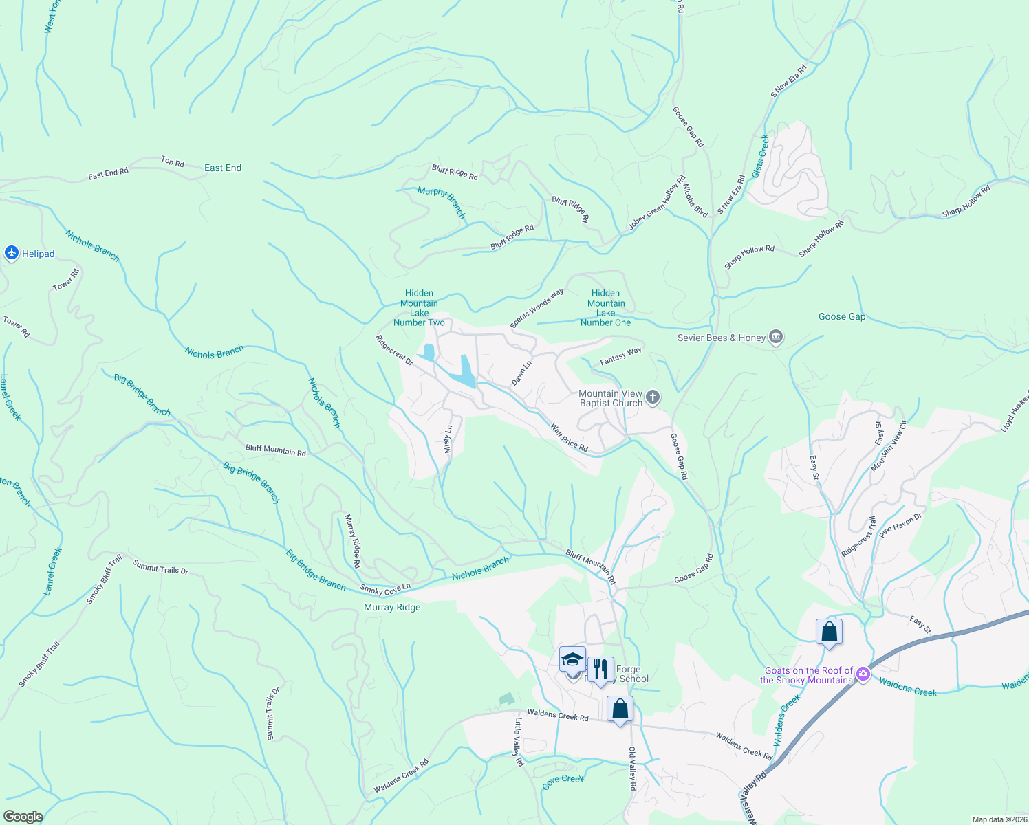map of restaurants, bars, coffee shops, grocery stores, and more near 1634 Ridgecrest Drive in Sevierville