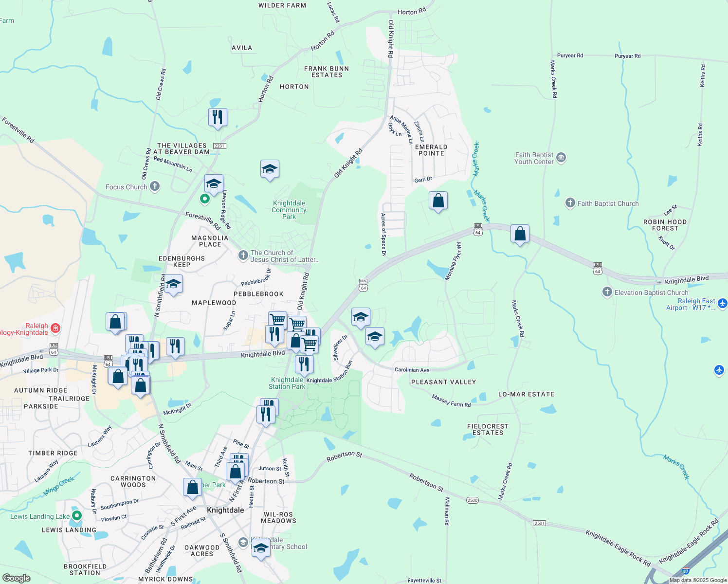 map of restaurants, bars, coffee shops, grocery stores, and more near 7816 Knightdale Blvd in Knightdale
