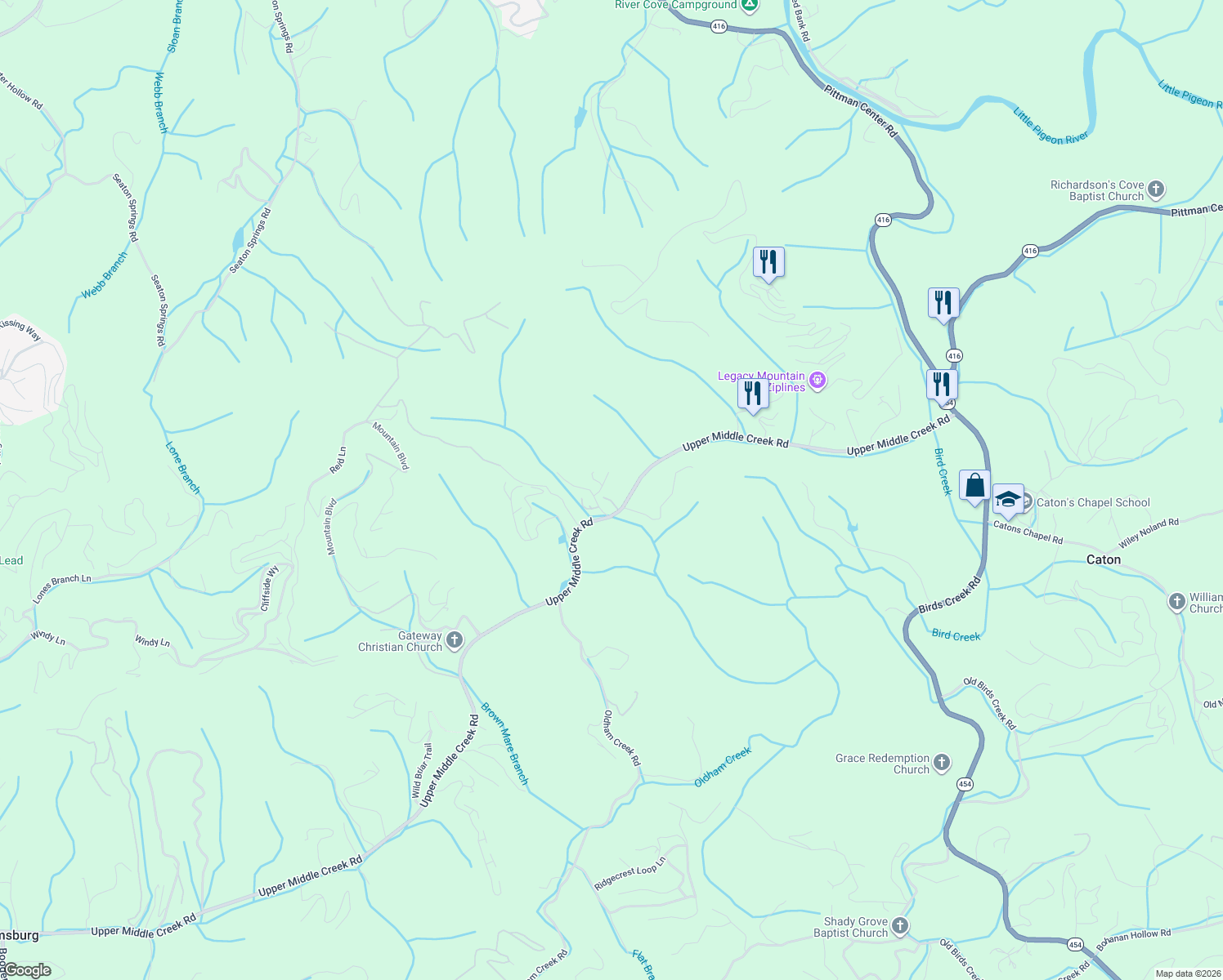 map of restaurants, bars, coffee shops, grocery stores, and more near A Mockingbird Way in Sevierville