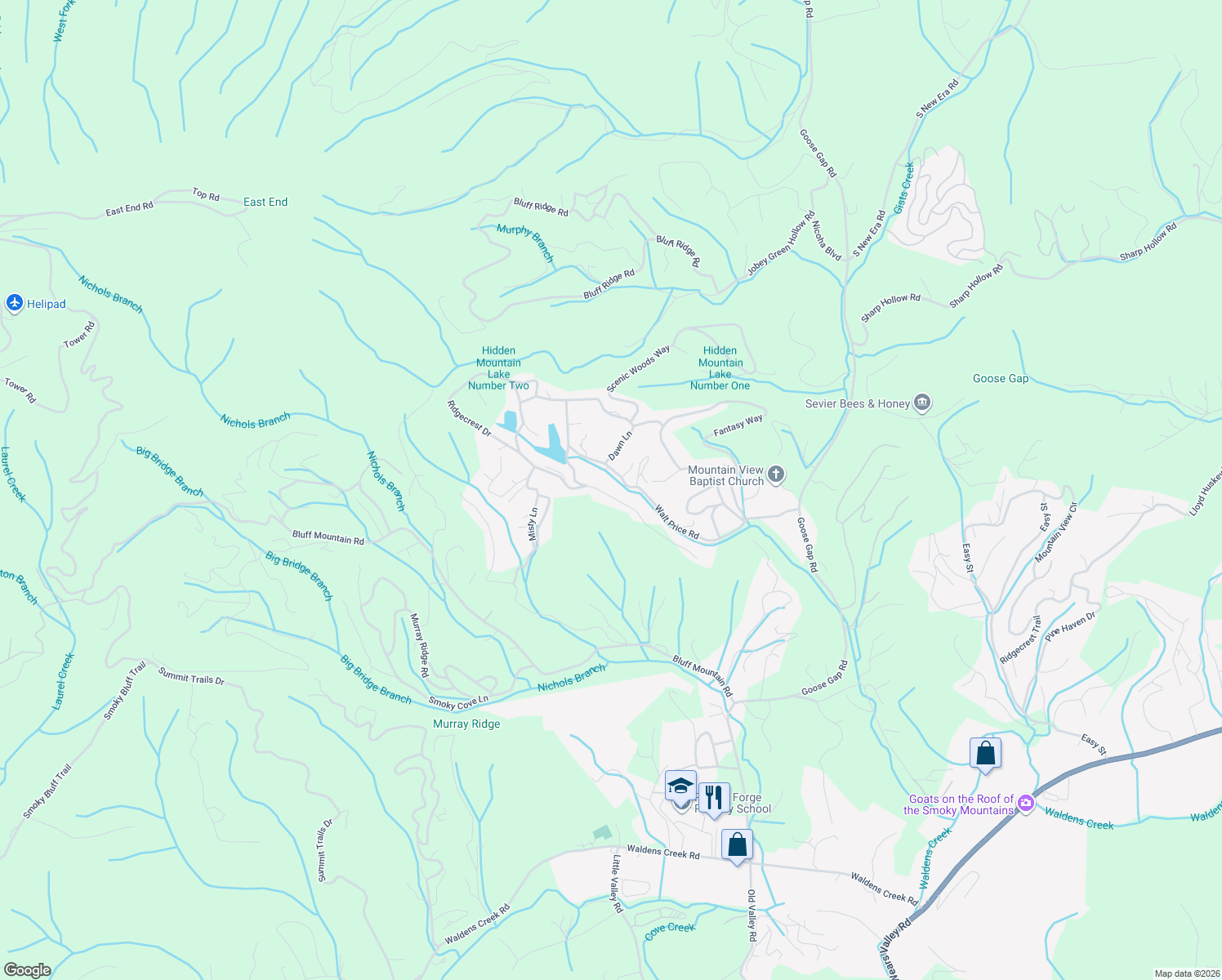 map of restaurants, bars, coffee shops, grocery stores, and more near 1634 Ridgecrest Drive in Sevierville