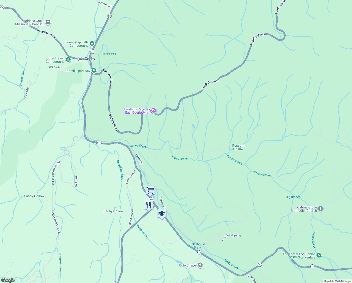 map of restaurants, bars, coffee shops, grocery stores, and more near 4291 Mountain Laurel Way in Cosby