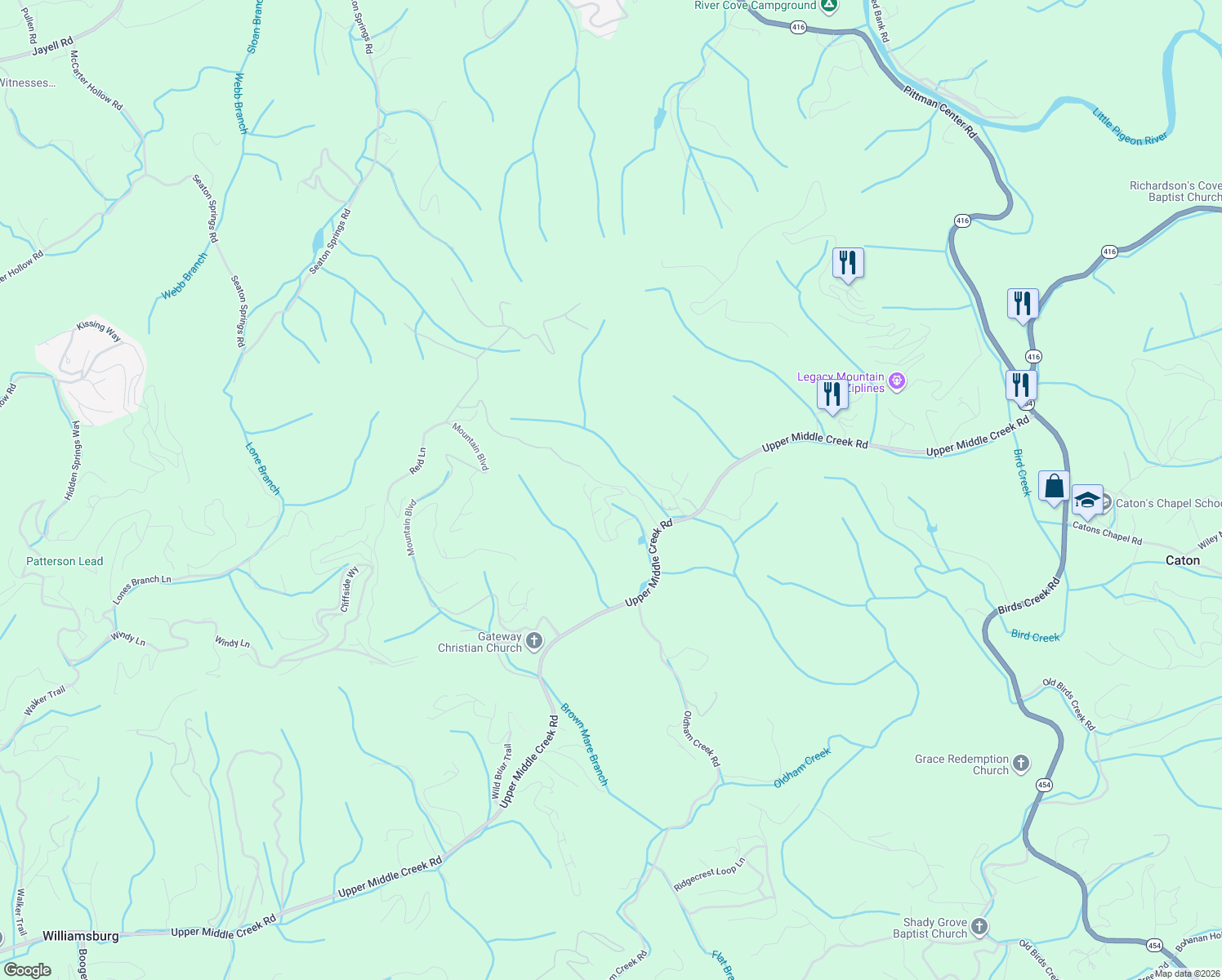 map of restaurants, bars, coffee shops, grocery stores, and more near 2251 Upper Middle Creek Road in Sevierville