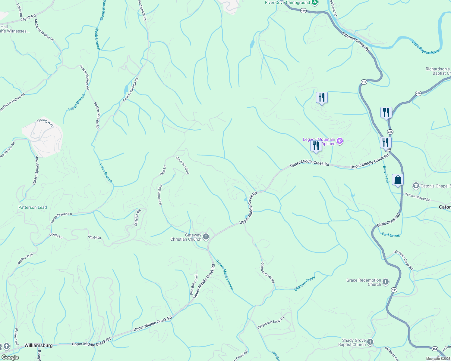 map of restaurants, bars, coffee shops, grocery stores, and more near 2251 Upper Middle Creek Road in Sevierville