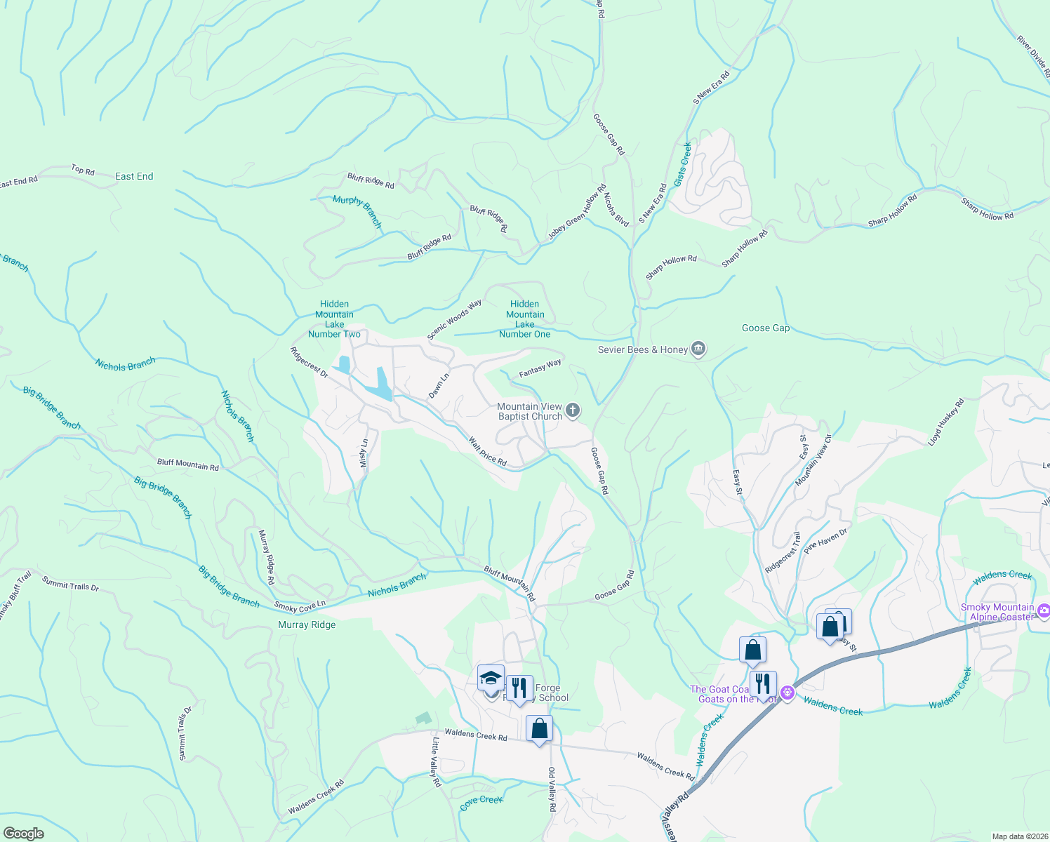 map of restaurants, bars, coffee shops, grocery stores, and more near 2228 Hidden Mountain Road in Sevierville