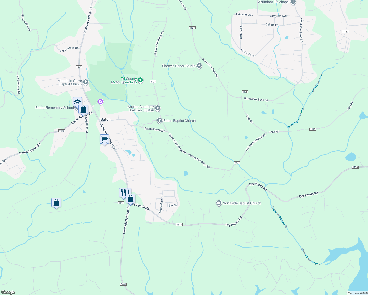 map of restaurants, bars, coffee shops, grocery stores, and more near 4560 Hickory Nut Ridge Road in Granite Falls