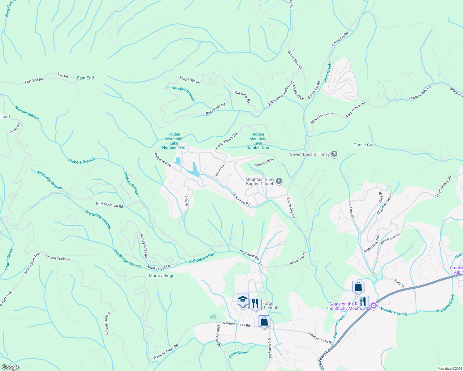map of restaurants, bars, coffee shops, grocery stores, and more near 2304 Avon Circle in Sevierville