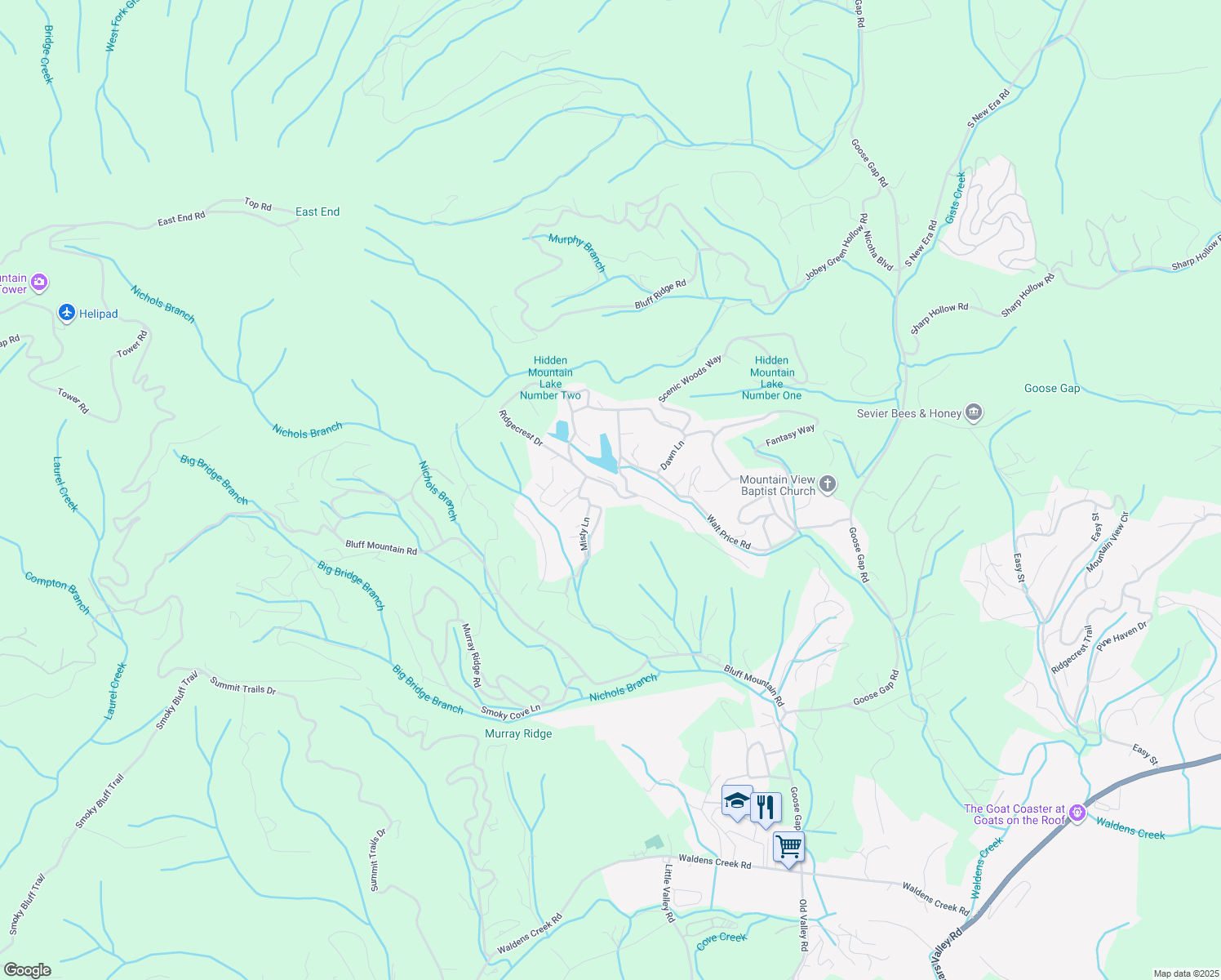 map of restaurants, bars, coffee shops, grocery stores, and more near 1707 Ridgecrest Drive in Sevierville
