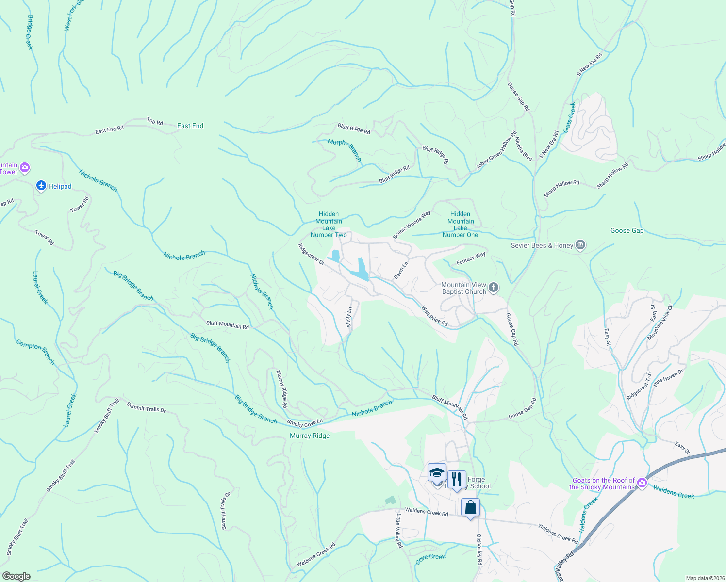 map of restaurants, bars, coffee shops, grocery stores, and more near 1707 Ridgecrest Drive in Sevierville